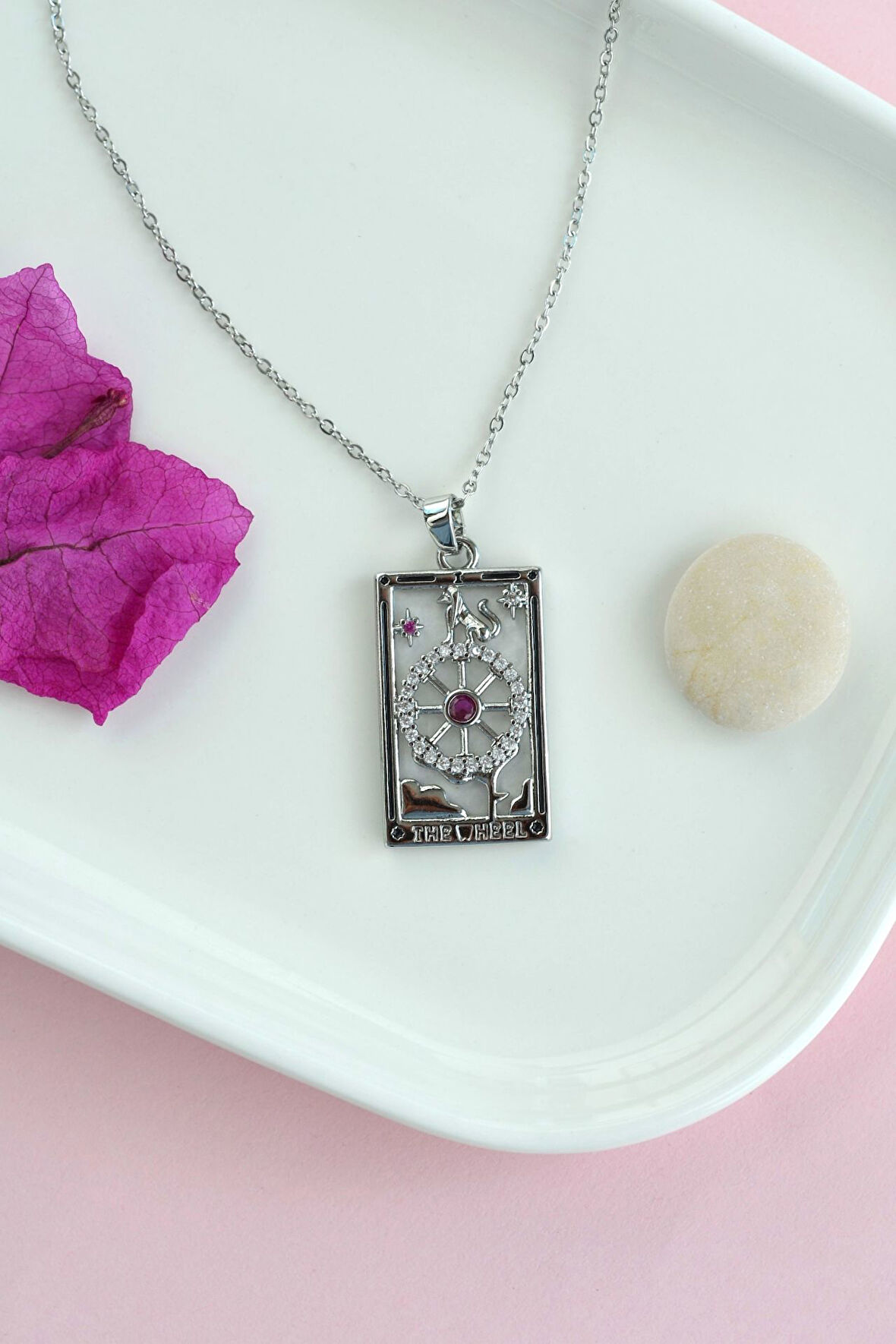 Çelik Kader Şans Kolye Tarot Kolye Şans Sembolü Gümüş Renk