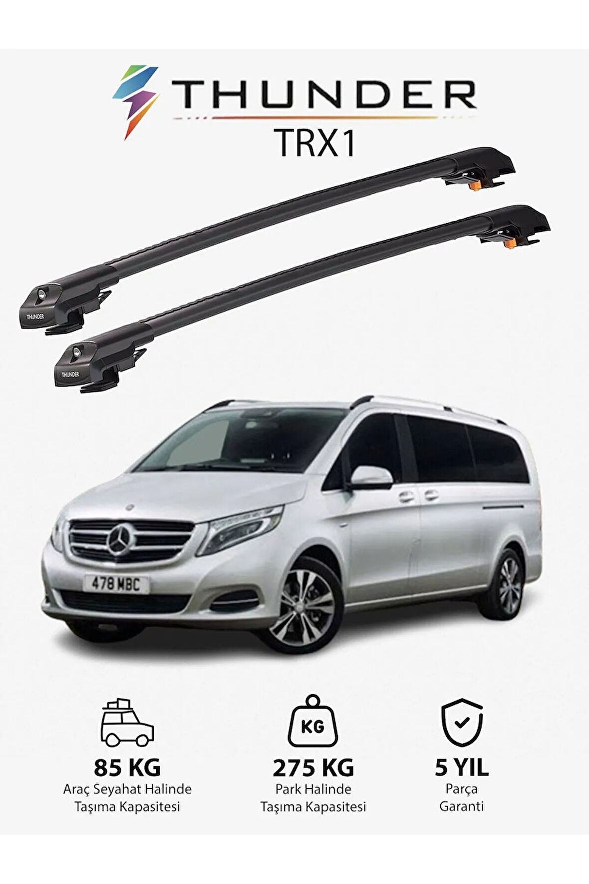MERCEDES-BENZ V-CLASS 2015-Sonrası TRX1 Thunder Carrier Kilitli Ara Atkı Taşıyıcı Tavan Barı Gri