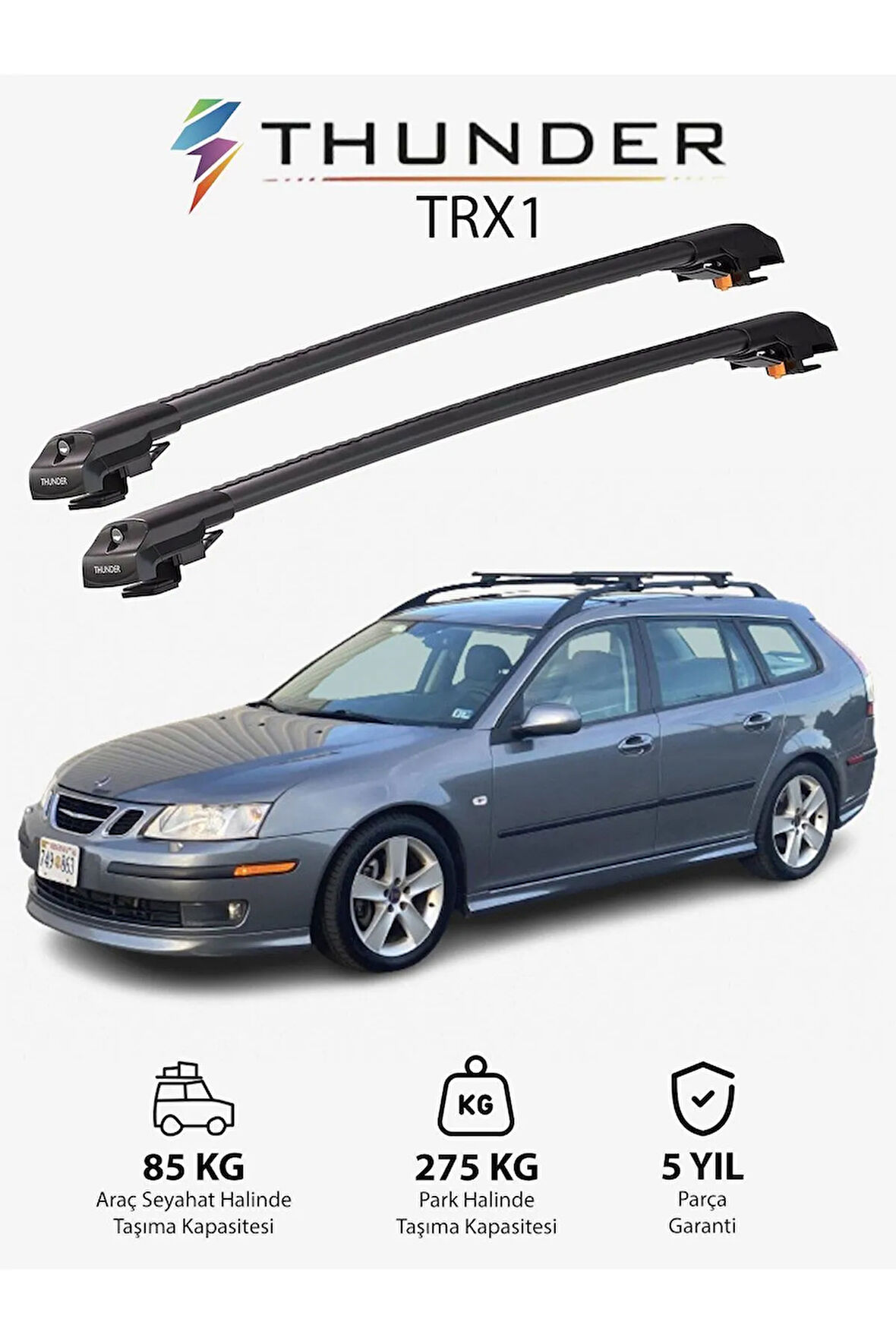 SAAB 9-3 SPORTWAGON 2006-2012 TRX1 Thunder Carrier Kilitli Ara Atkı Taşıyıcı Tavan Barı Gri