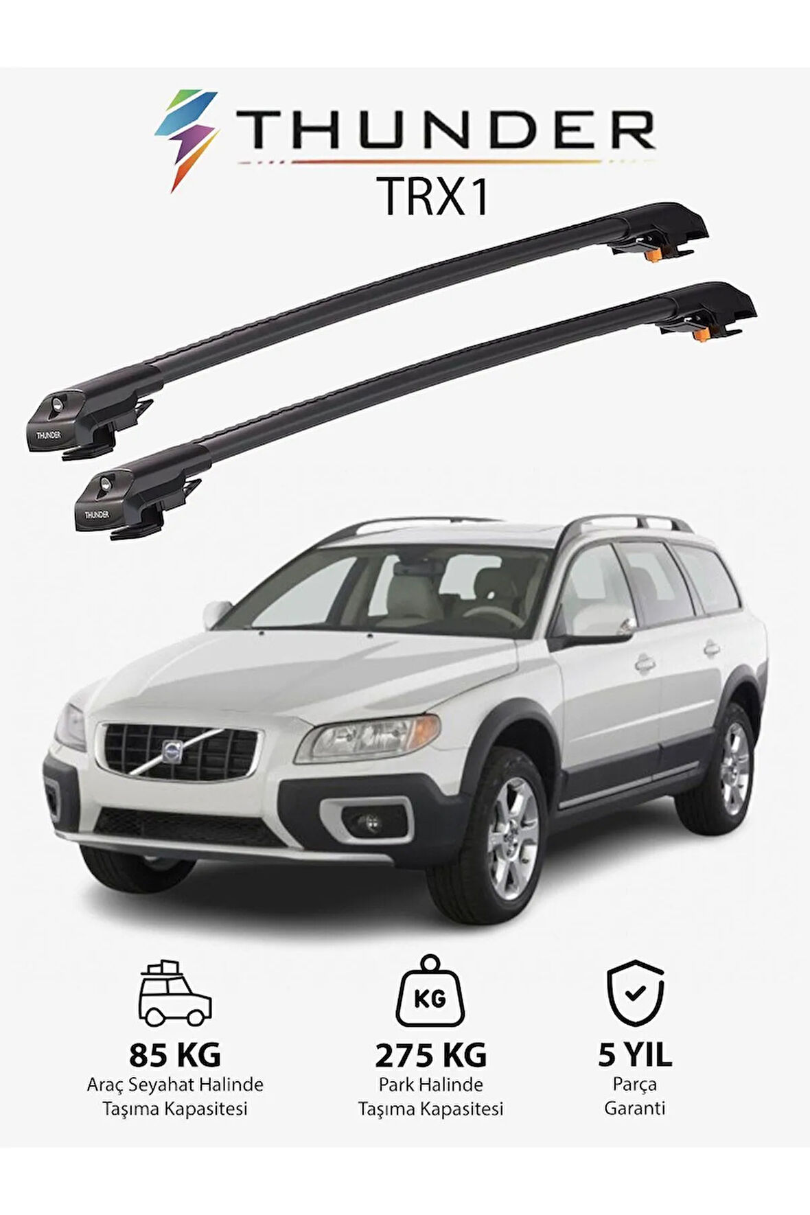 VOLVO XC70 2000-2008 TRX1 Thunder Carrier Kilitli Ara Atkı Taşıyıcı Tavan Barı Gri