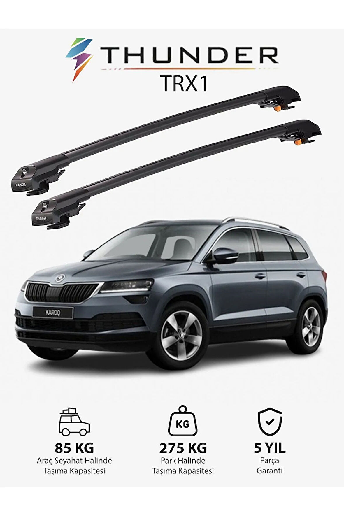 SKODA KAROQ 2017-Sonrası TRX1 Thunder Carrier Kilitli Ara Atkı Taşıyıcı Tavan Barı Gri