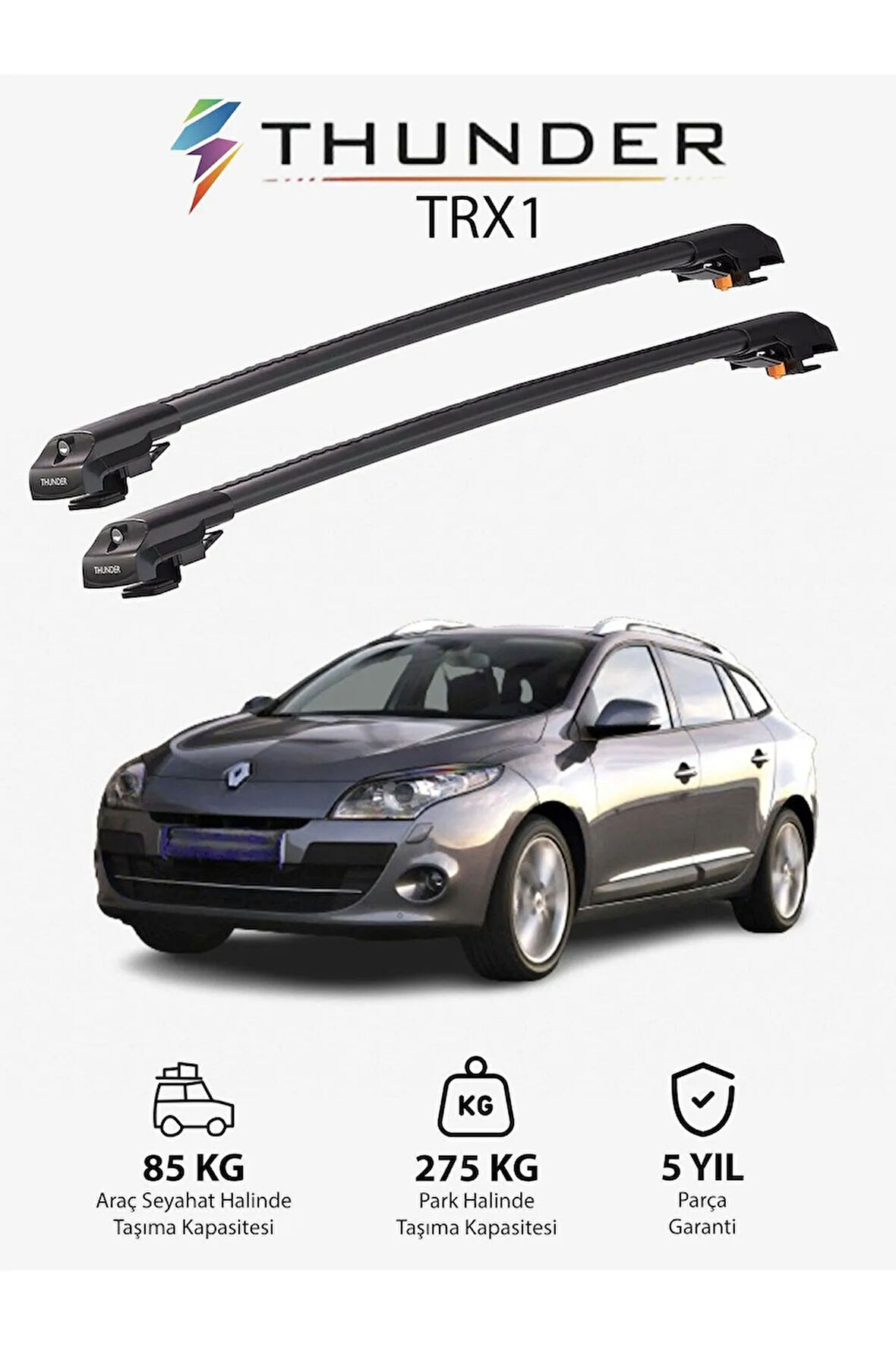 RENAULT MEGANE 2009-2016 TRX1 Thunder Carrier Kilitli Ara Atkı Taşıyıcı Tavan Barı Gri