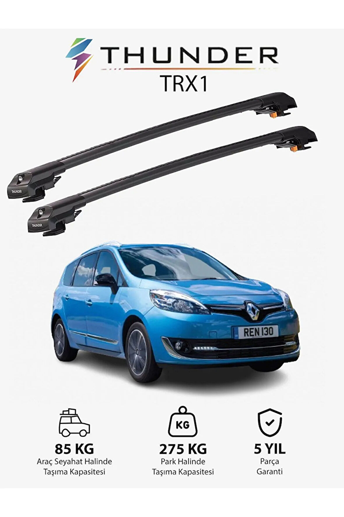 RENAULT GRAND SCENIC 2009-2016 TRX1 Thunder Carrier Kilitli Ara Atkı Taşıyıcı Tavan Barı Gri