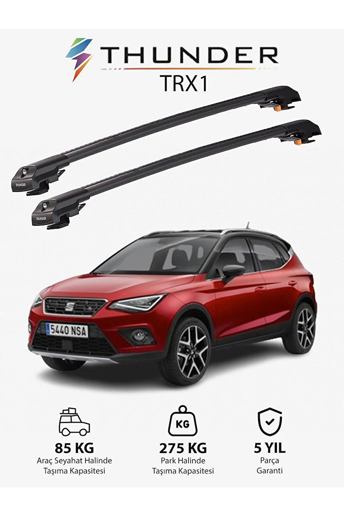 SEAT ARONA 2017-Sonrası TRX1 Thunder Carrier Kilitli Ara Atkı Taşıyıcı Tavan Barı Gri