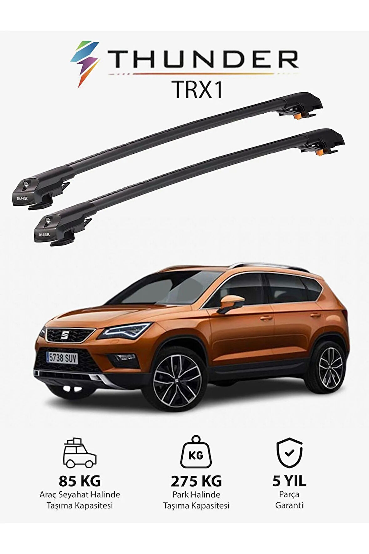 SEAT ATECA 2016-Sonrası TRX1 Thunder Carrier Kilitli Ara Atkı Taşıyıcı Tavan Barı Gri