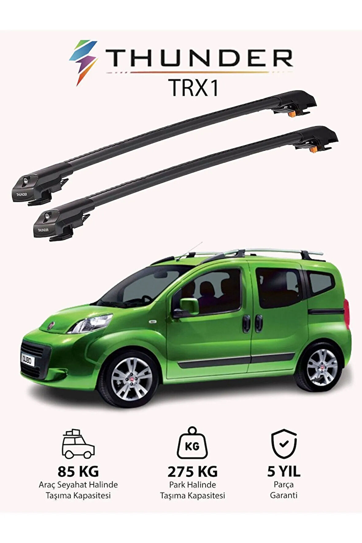 FIAT QUBO 2008-2017 TRX1 Thunder Carrier Kilitli Ara Atkı Taşıyıcı Tavan Barı Gri