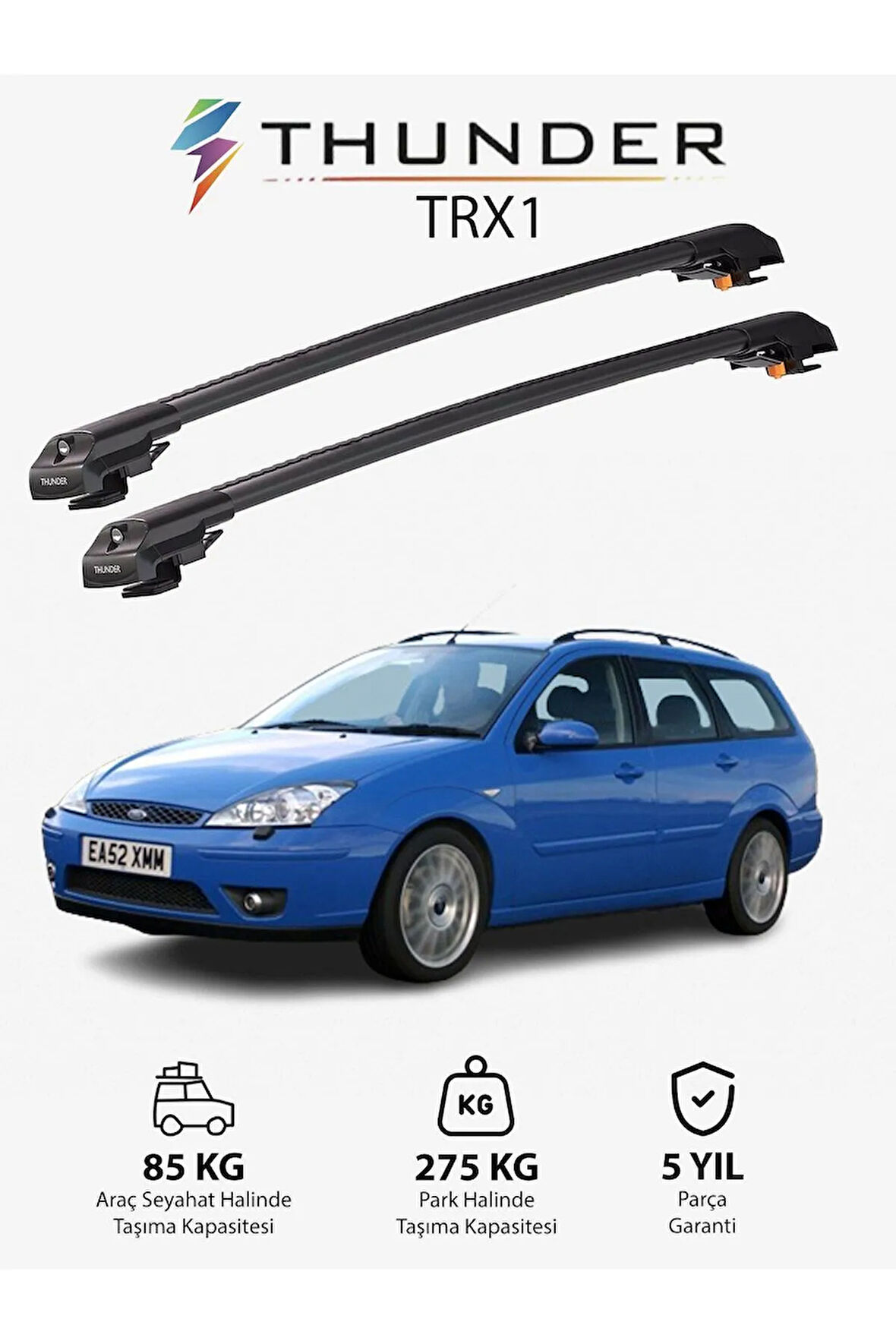 FORD FOCUS ESTATE 1998-2004 TRX1 Thunder Carrier Kilitli Ara Atkı Taşıyıcı Tavan Barı Gri