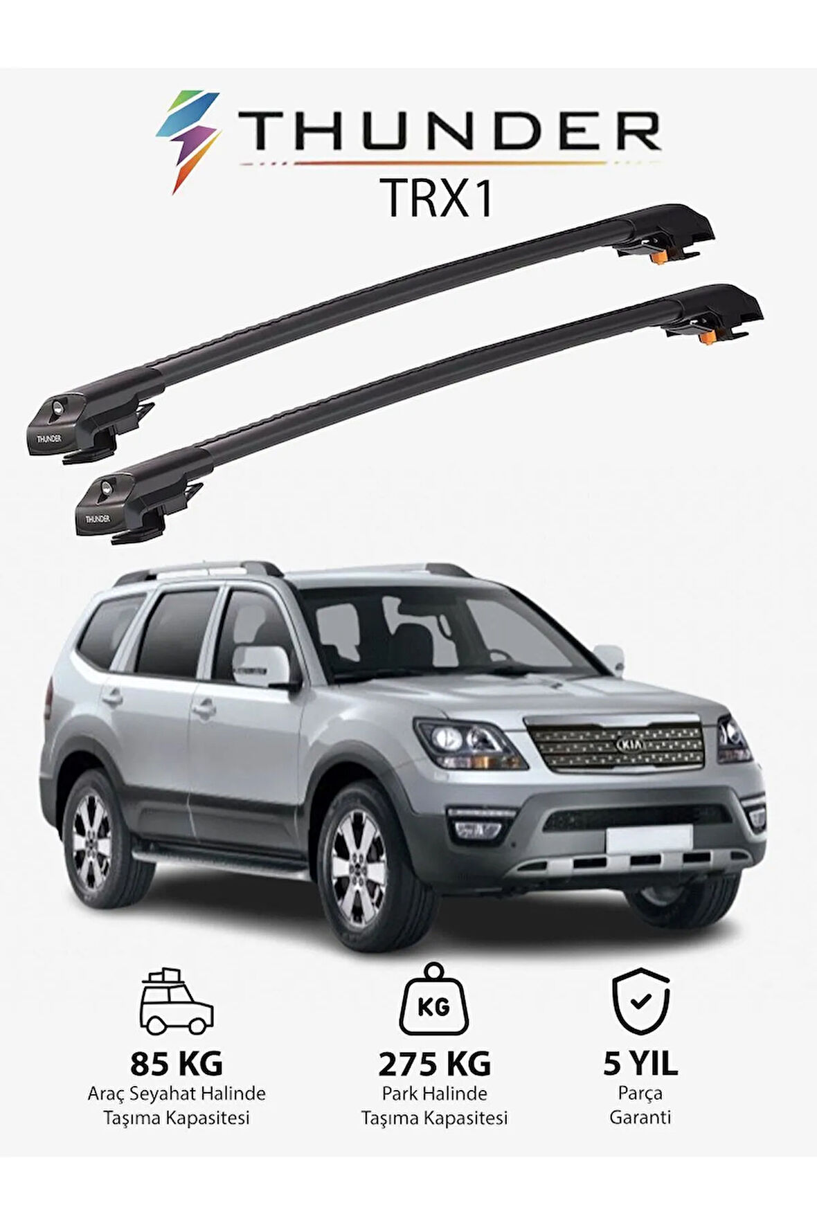 KIA BORREGO 2008-2019 TRX1 Thunder Carrier Kilitli Ara Atkı Taşıyıcı Tavan Barı Gri