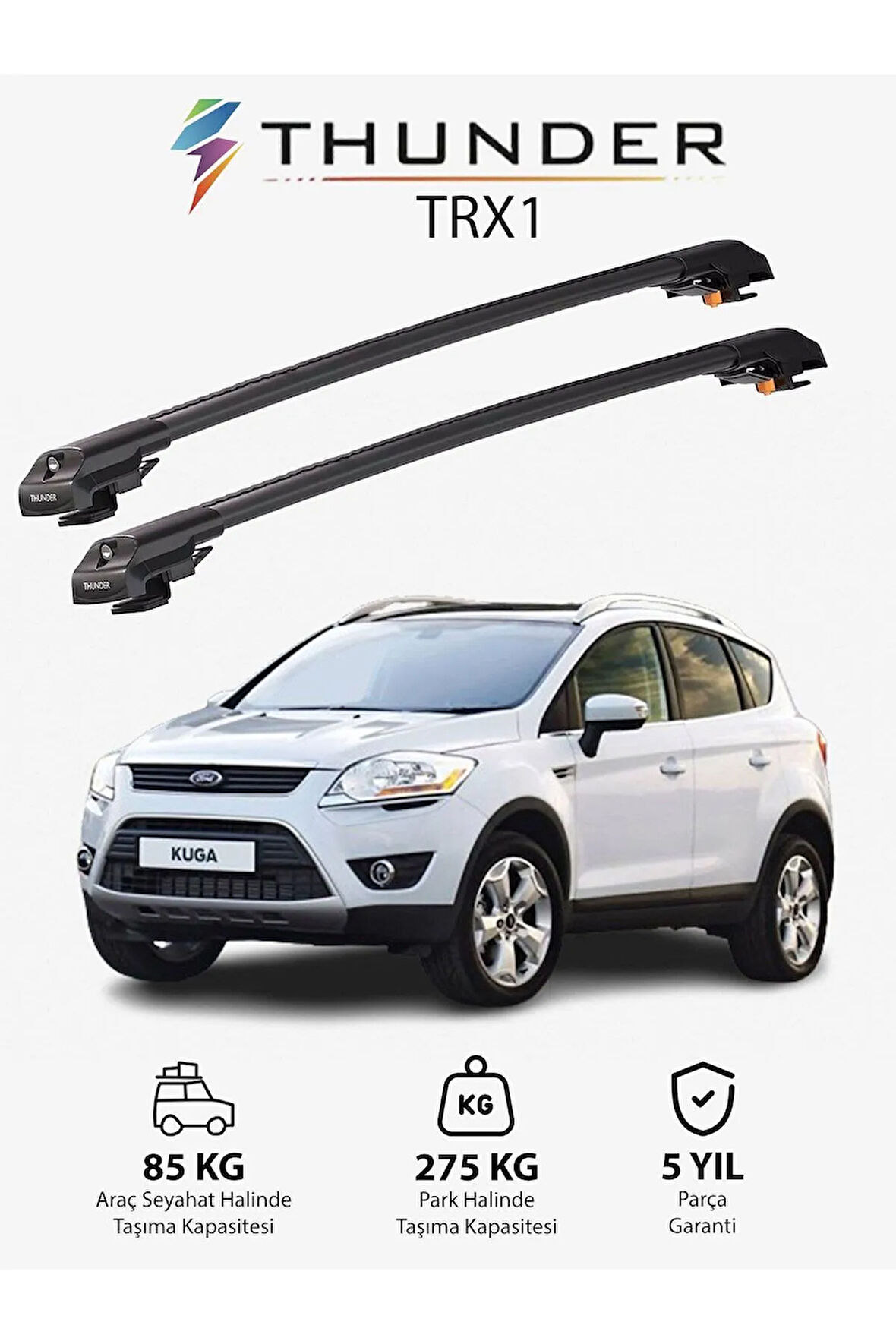 FORD KUGA 2013-2019 TRX1 Thunder Carrier Kilitli Ara Atkı Taşıyıcı Tavan Barı Gri