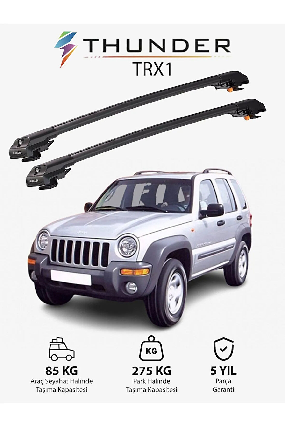 JEEP CHEROKEE 2002-2007 TRX1 Thunder Carrier Kilitli Ara Atkı Taşıyıcı Tavan Barı Gri