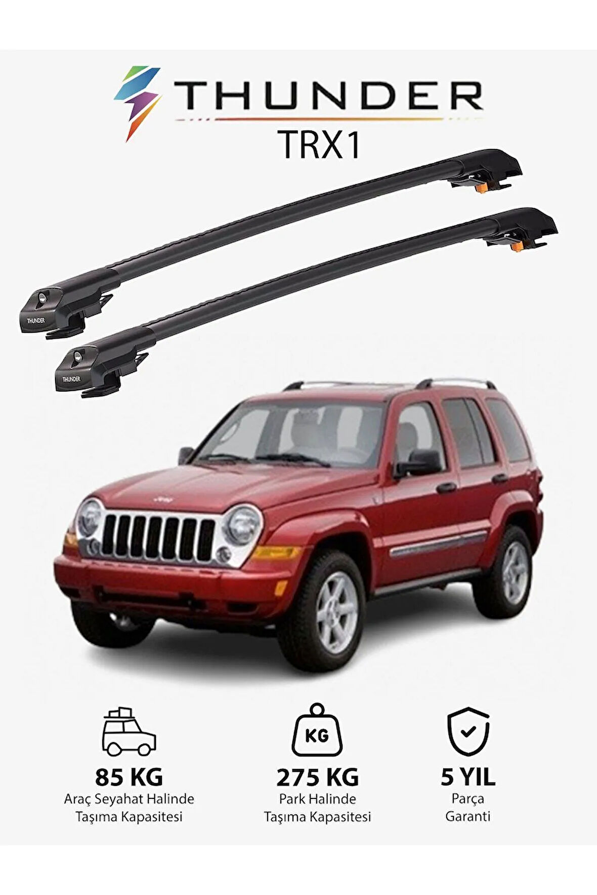 JEEP LIBERTY 2002-2007 TRX1 Thunder Carrier Kilitli Ara Atkı Taşıyıcı Tavan Barı Gri