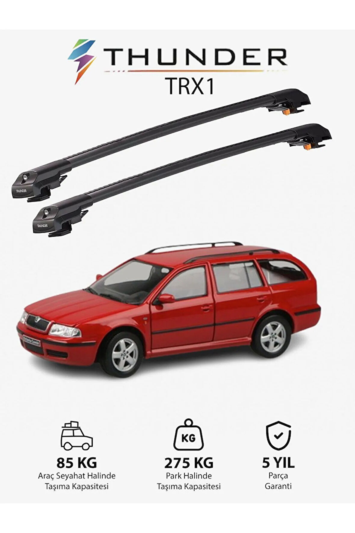 SKODA OCTAVIA 1998-2004 TRX1 Thunder Carrier Kilitli Ara Atkı Taşıyıcı Tavan Barı Gri