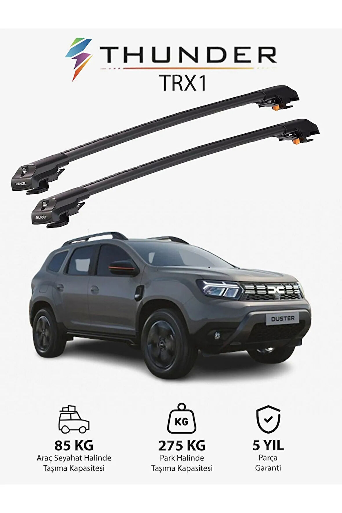 DACIA JOURNEY 2023-Sonrası TRX1 Thunder Carrier Kilitli Ara Atkı Taşıyıcı Tavan Barı Gri