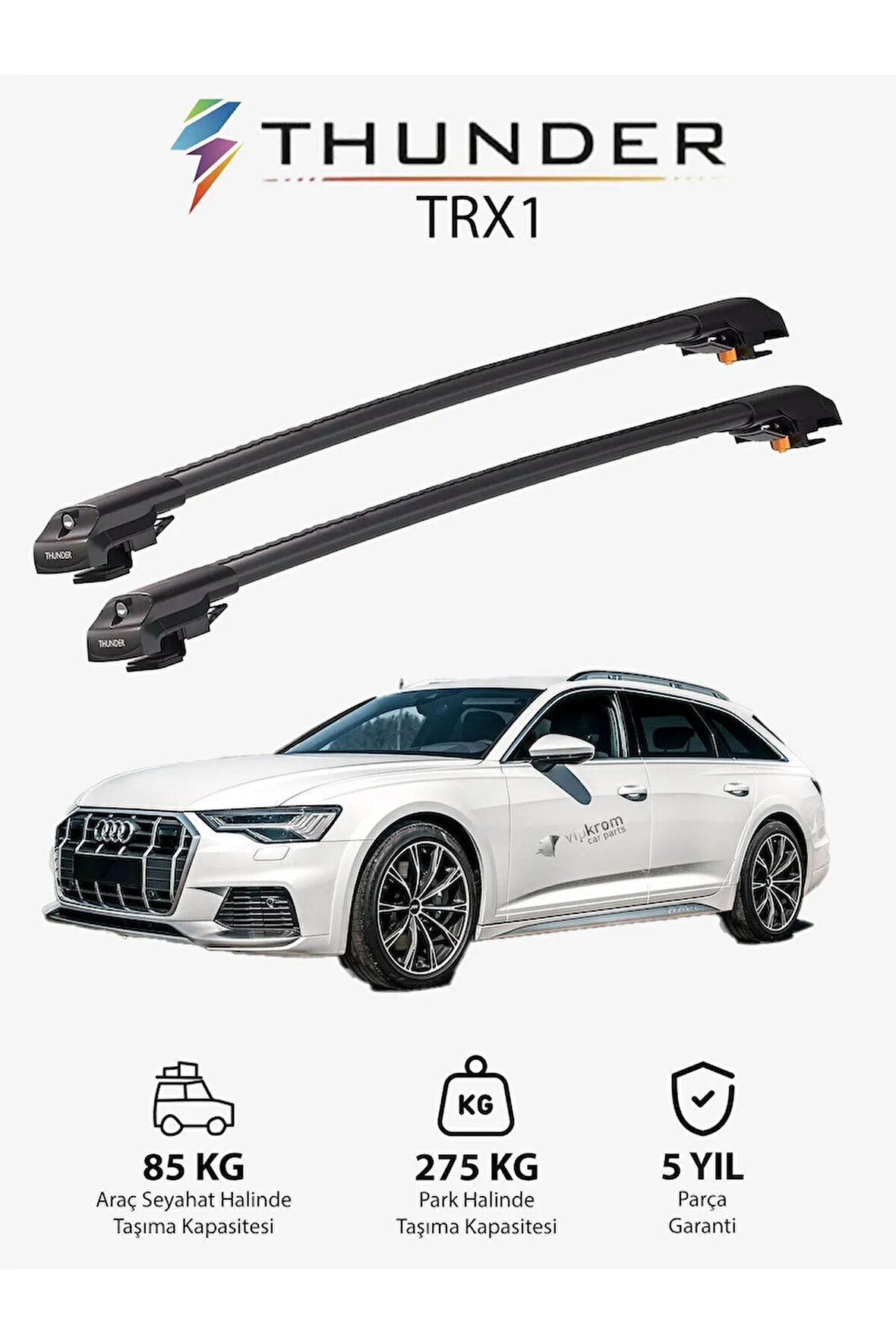 AUDI A6 ALLROAD 2019-Sonrası TRX1 Thunder Carrier Kilitli Ara Atkı Taşıyıcı Tavan Barı Gri