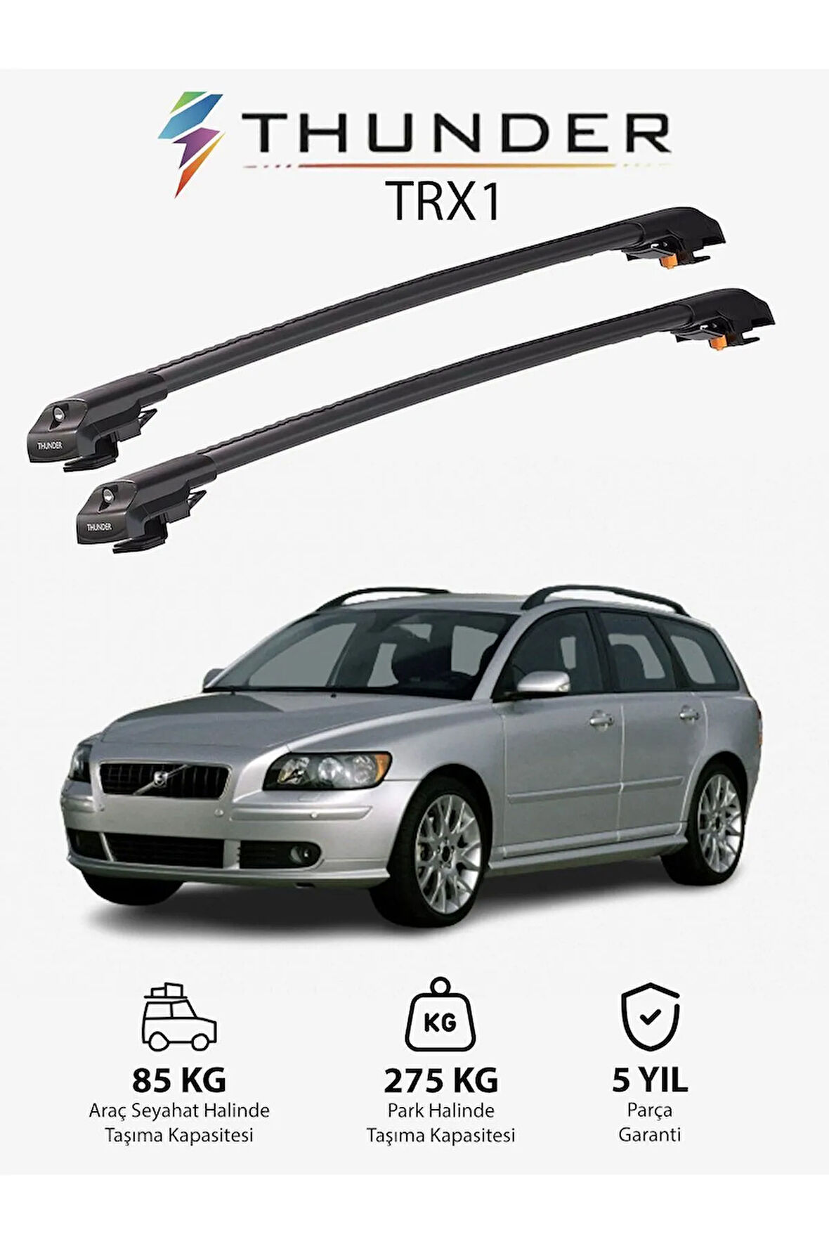 VOLVO V50 2004-2012 TRX1 Thunder Carrier Kilitli Ara Atkı Taşıyıcı Tavan Barı Gri