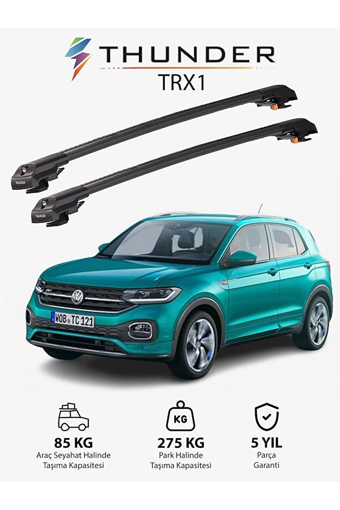 VOLKSWAGEN T-CROSS 2019-Sonrası TRX1 Thunder Carrier Kilitli Ara Atkı Taşıyıcı Tavan Barı Gri