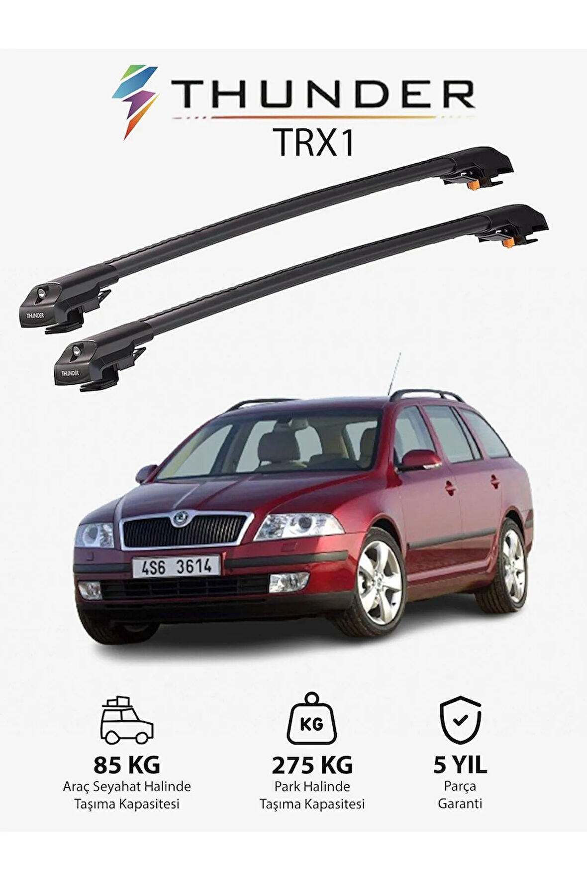 SKODA OCTAVIA 2004-2012 TRX1 Thunder Carrier Kilitli Ara Atkı Taşıyıcı Tavan Barı Gri
