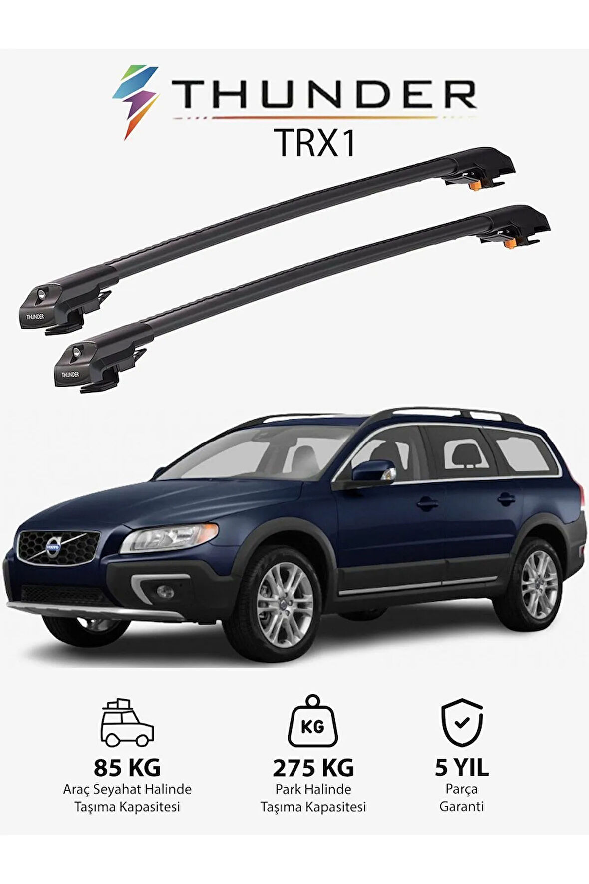 VOLVO XC70 2008-2016 TRX1 Thunder Carrier Kilitli Ara Atkı Taşıyıcı Tavan Barı Gri