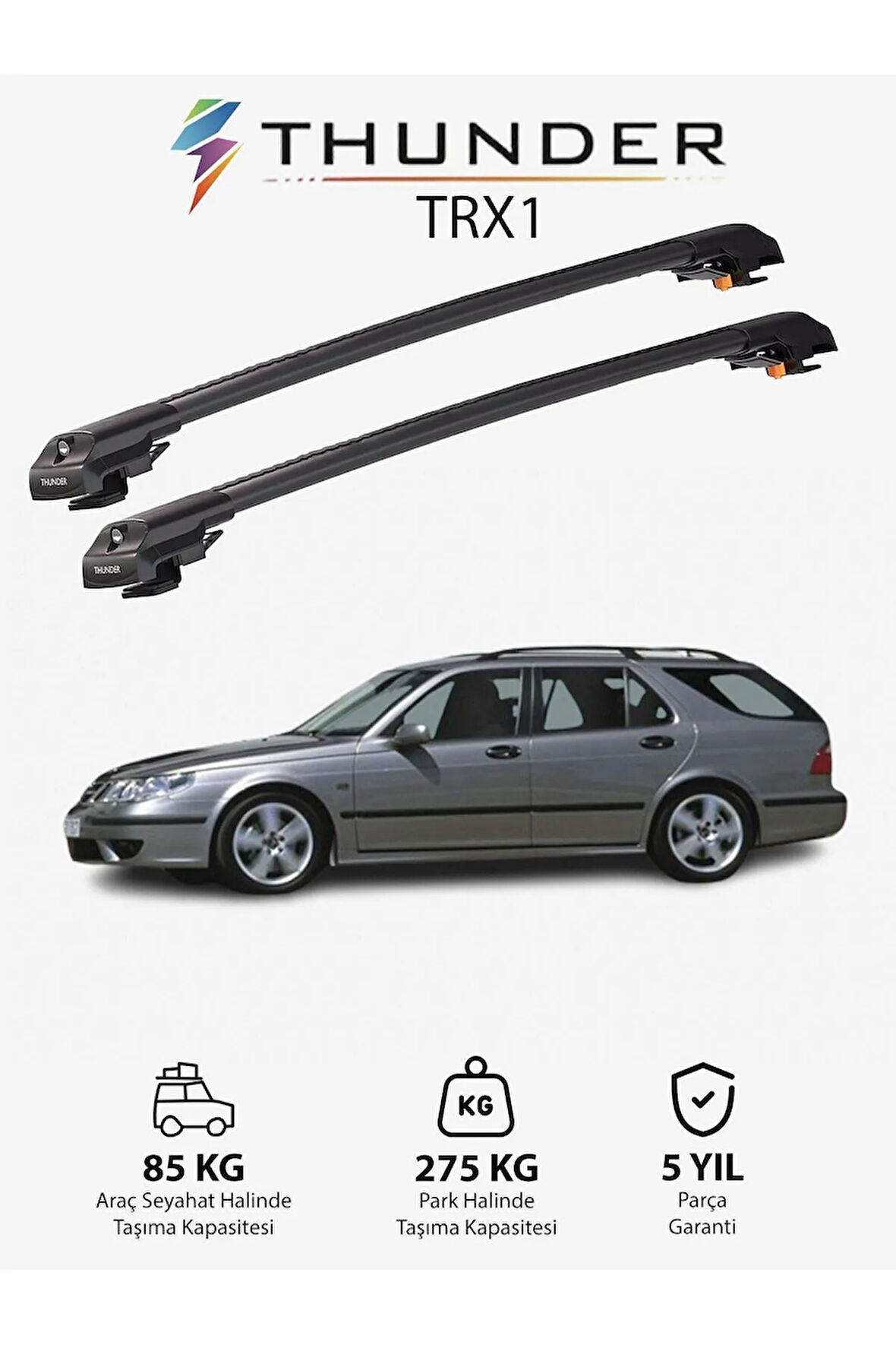 SAAB 9-5 1998-2010 TRX1 Thunder Carrier Kilitli Ara Atkı Taşıyıcı Tavan Barı Gri