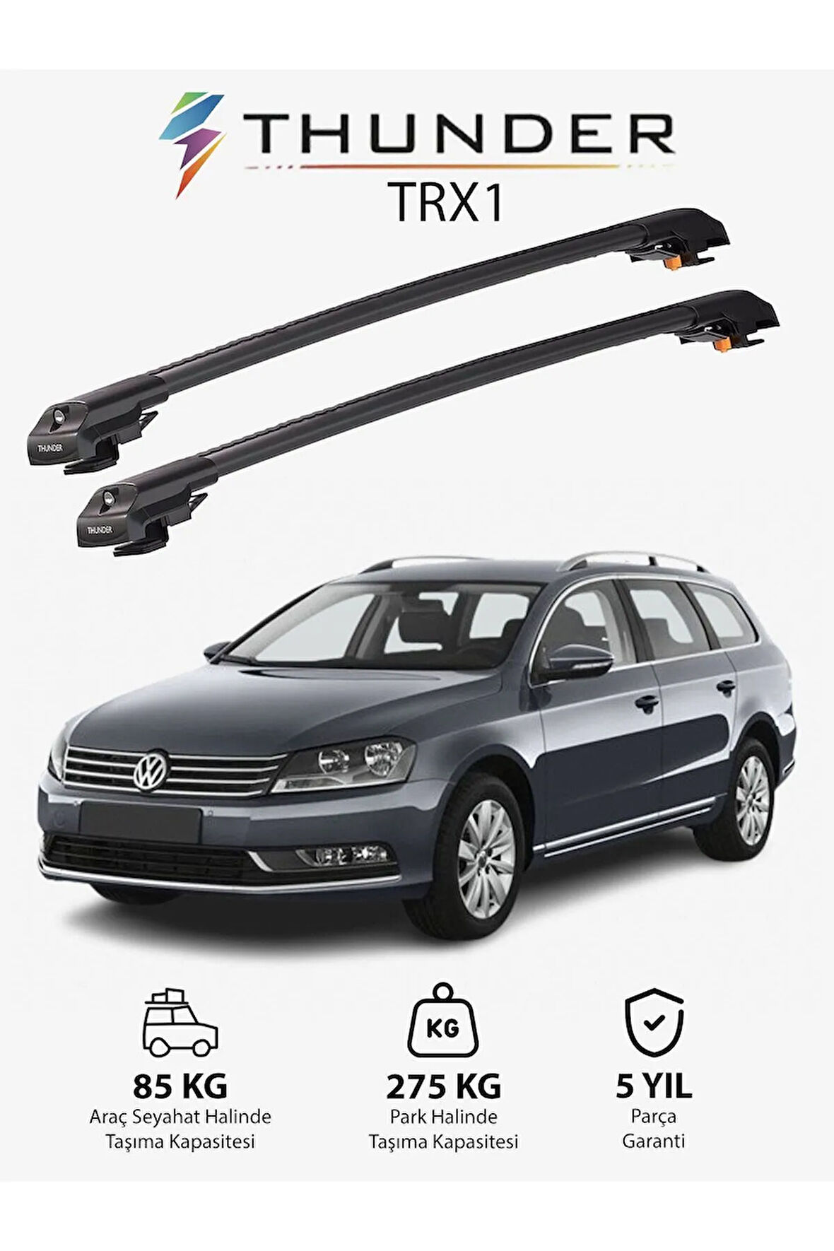 VOLKSWAGEN PASSAT VARIANT 2010-2014 TRX1 Thunder Carrier Kilitli Ara Atkı Taşıyıcı Tavan Barı Gri