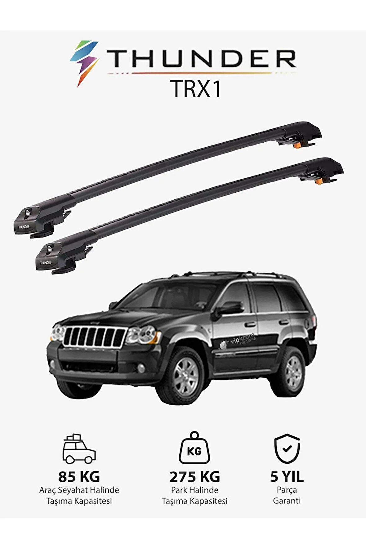 JEEP GRAND CHEROKEE 2005-2010 TRX1 Thunder Carrier Kilitli Ara Atkı Taşıyıcı Tavan Barı Gri