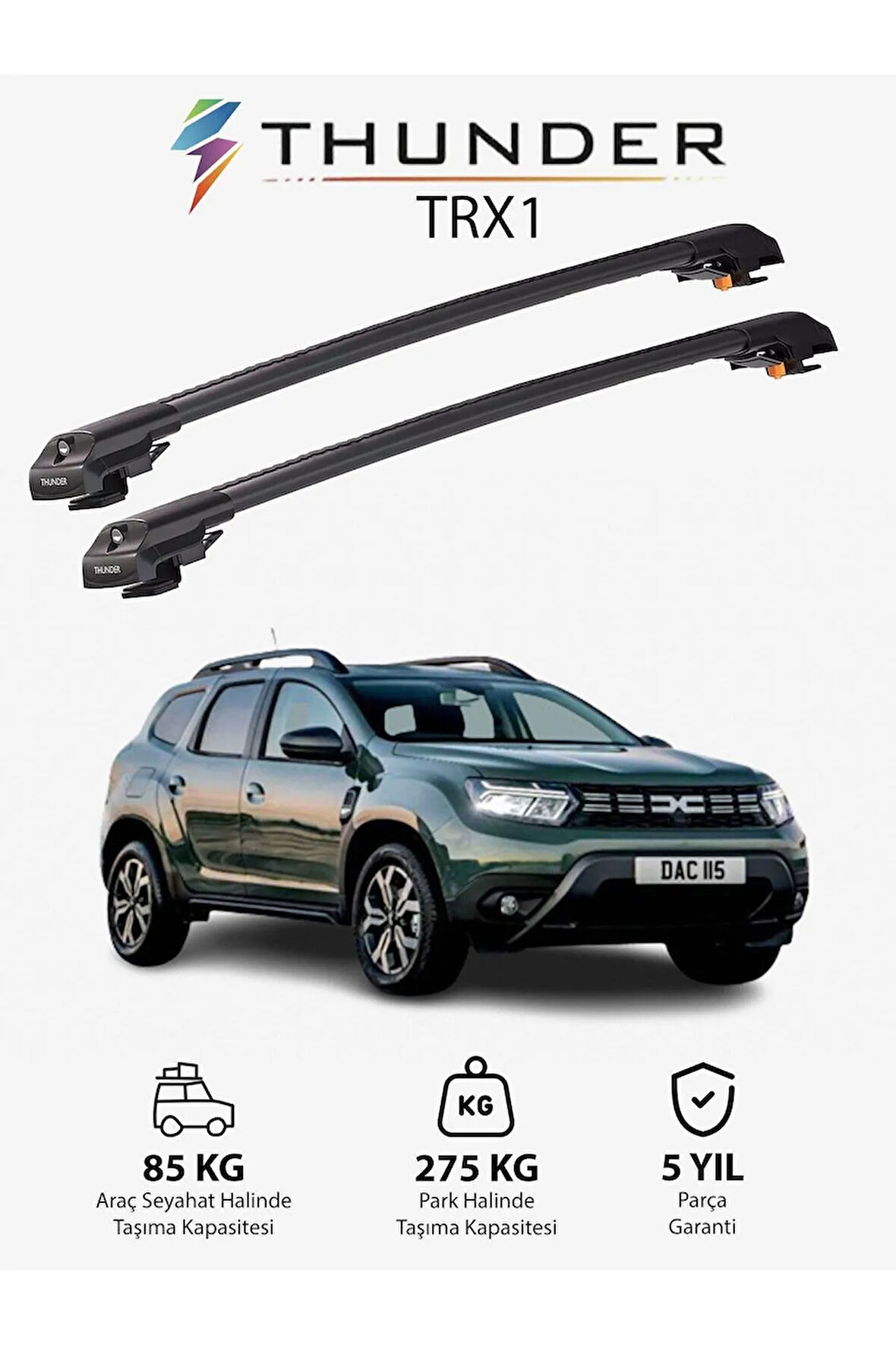 DACIA ESSENTIAL 2023-Sonrası TRX1 Thunder Carrier Kilitli Ara Atkı Taşıyıcı Tavan Barı Gri