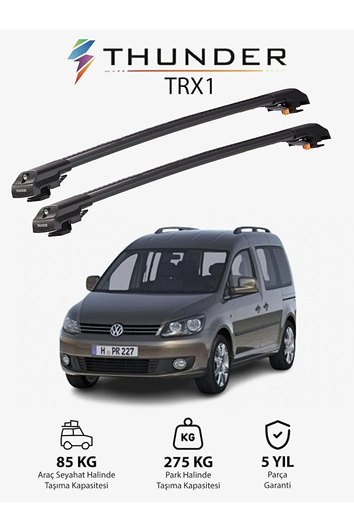 VOLKSWAGEN CADDY 2003-2019 TRX1 Thunder Carrier Kilitli Ara Atkı Taşıyıcı Tavan Barı Gri