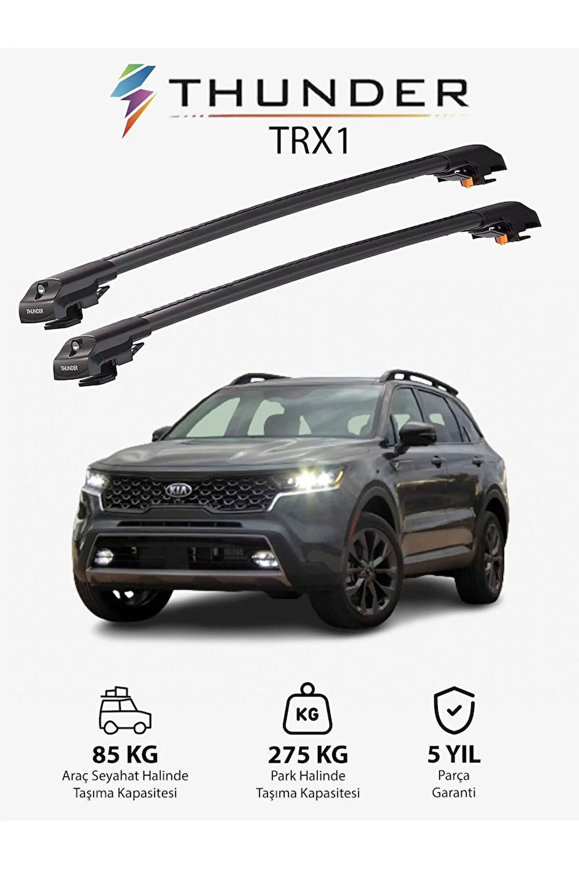 KIA SORENTO X-LINE 2021-Sonrası TRX1 Thunder Carrier Kilitli Ara Atkı Taşıyıcı Tavan Barı Gri