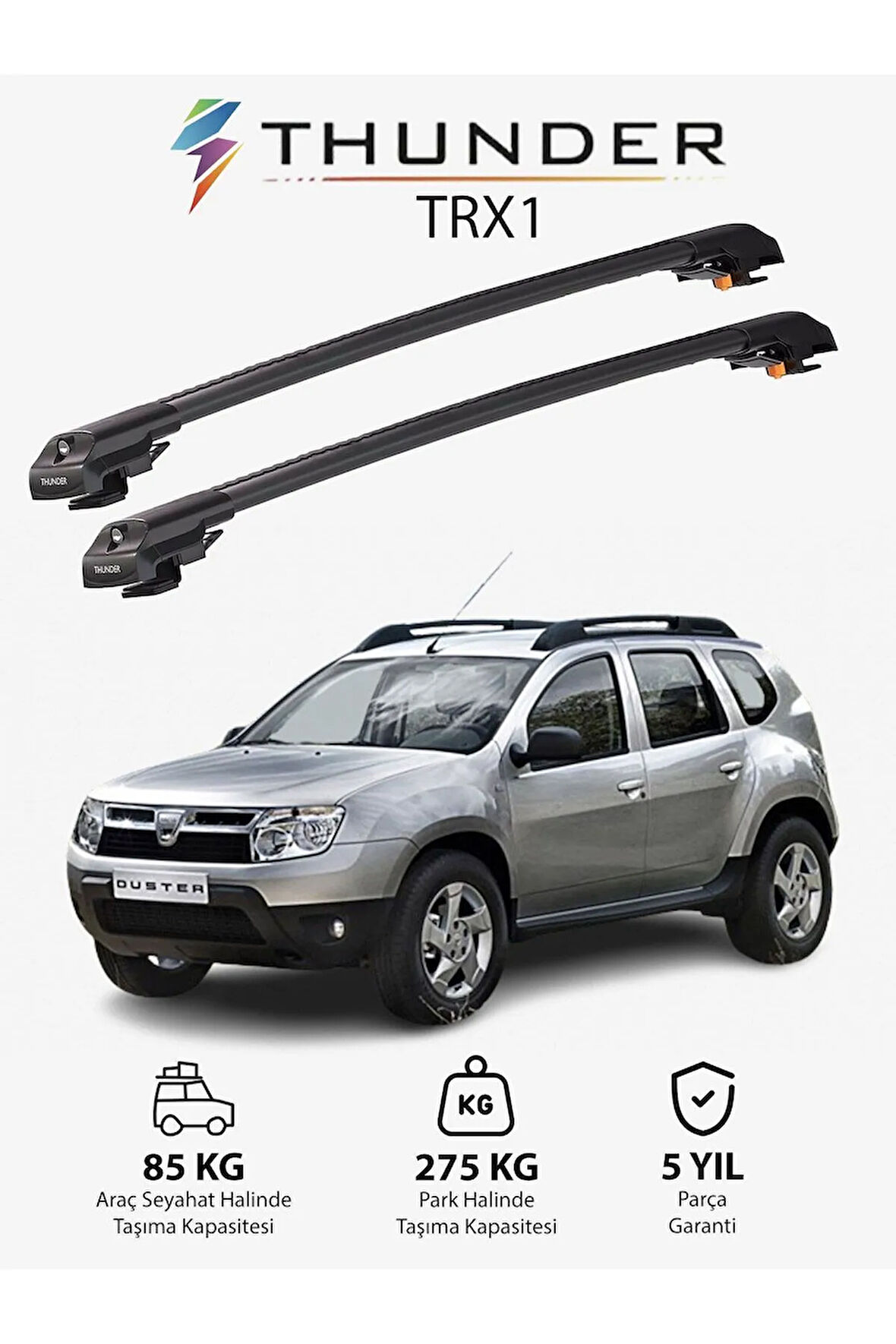 DACIA DUSTER 2010-2013 TRX1 Thunder Carrier Kilitli Ara Atkı Taşıyıcı Tavan Barı Gri
