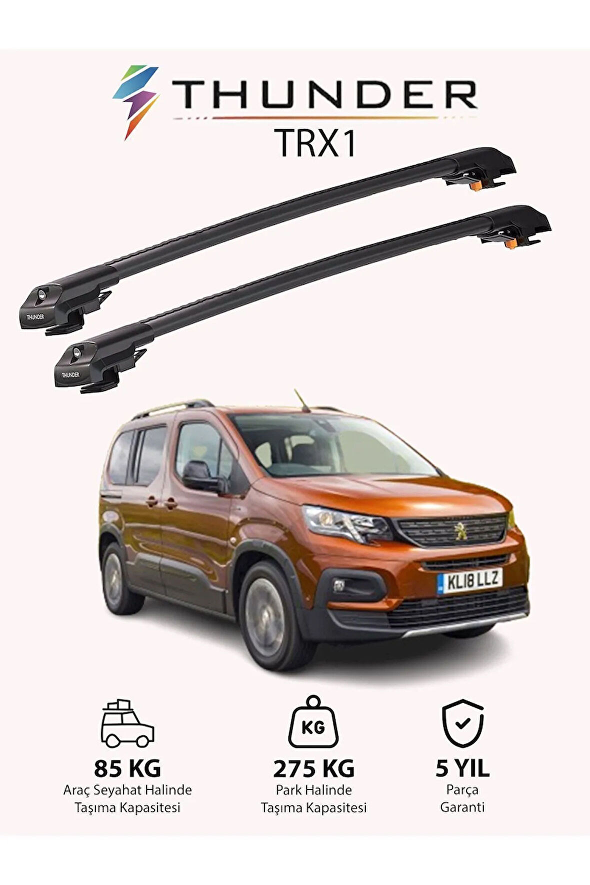 PEUGEOT RIFTER 2019-Sonrası TRX1 Thunder Carrier Kilitli Ara Atkı Taşıyıcı Tavan Barı Gri