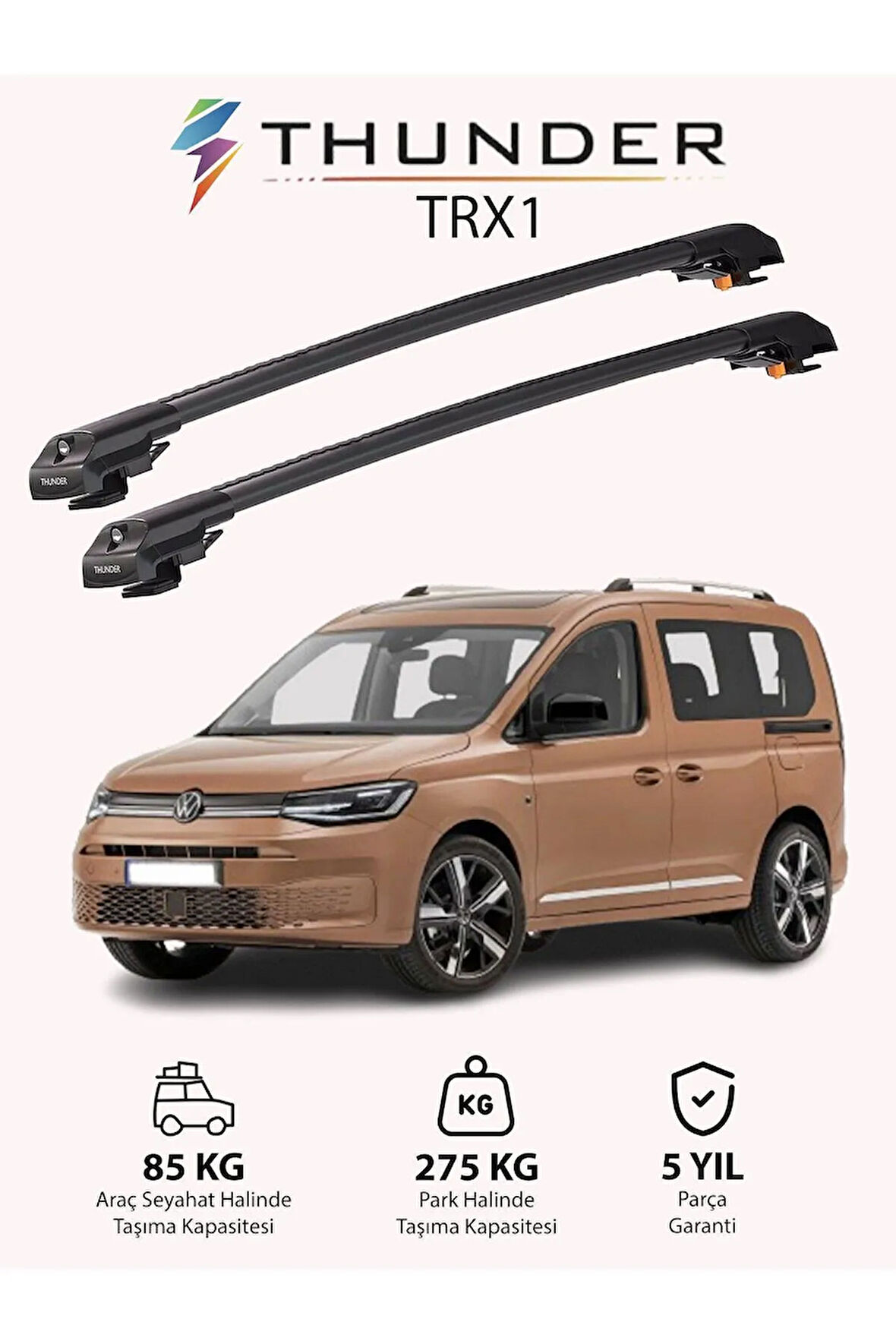 VOLKSWAGEN CADDY 2020-Sonrası TRX1 Thunder Carrier Kilitli Ara Atkı Taşıyıcı Tavan Barı Gri