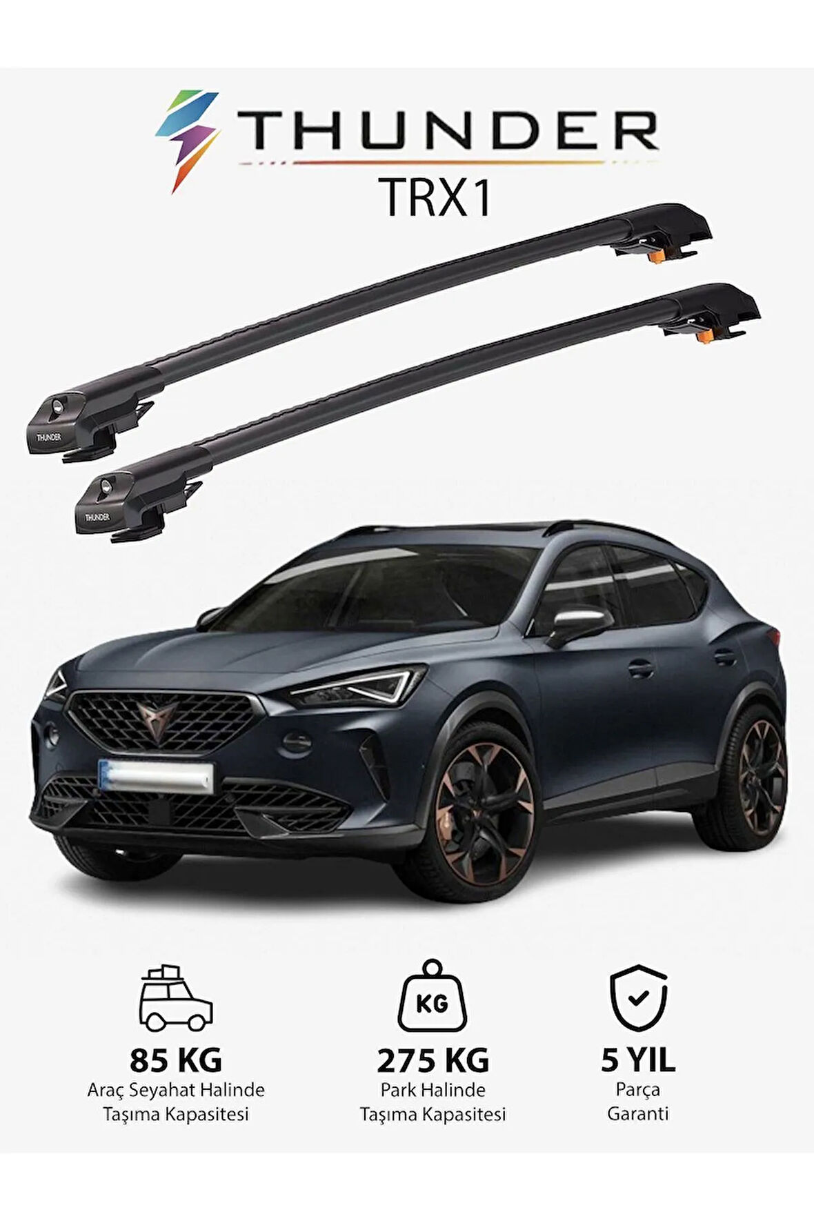 CUPRA FORMENTOR 2020-Sonrası TRX1 Thunder Carrier Kilitli Ara Atkı Taşıyıcı Tavan Barı Gri