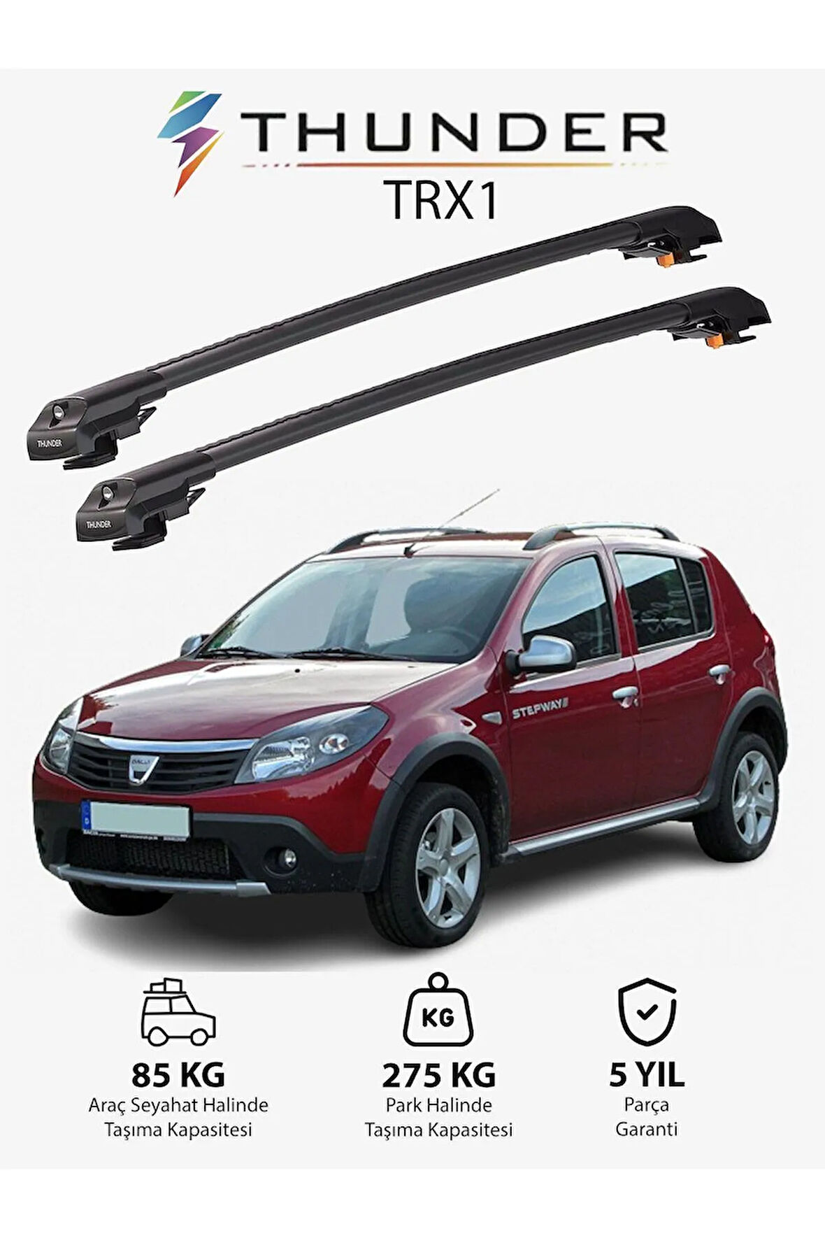 DACIA SANDERO STEPWAY 2007-2012 TRX1 Thunder Carrier Kilitli Ara Atkı Taşıyıcı Tavan Barı Gri