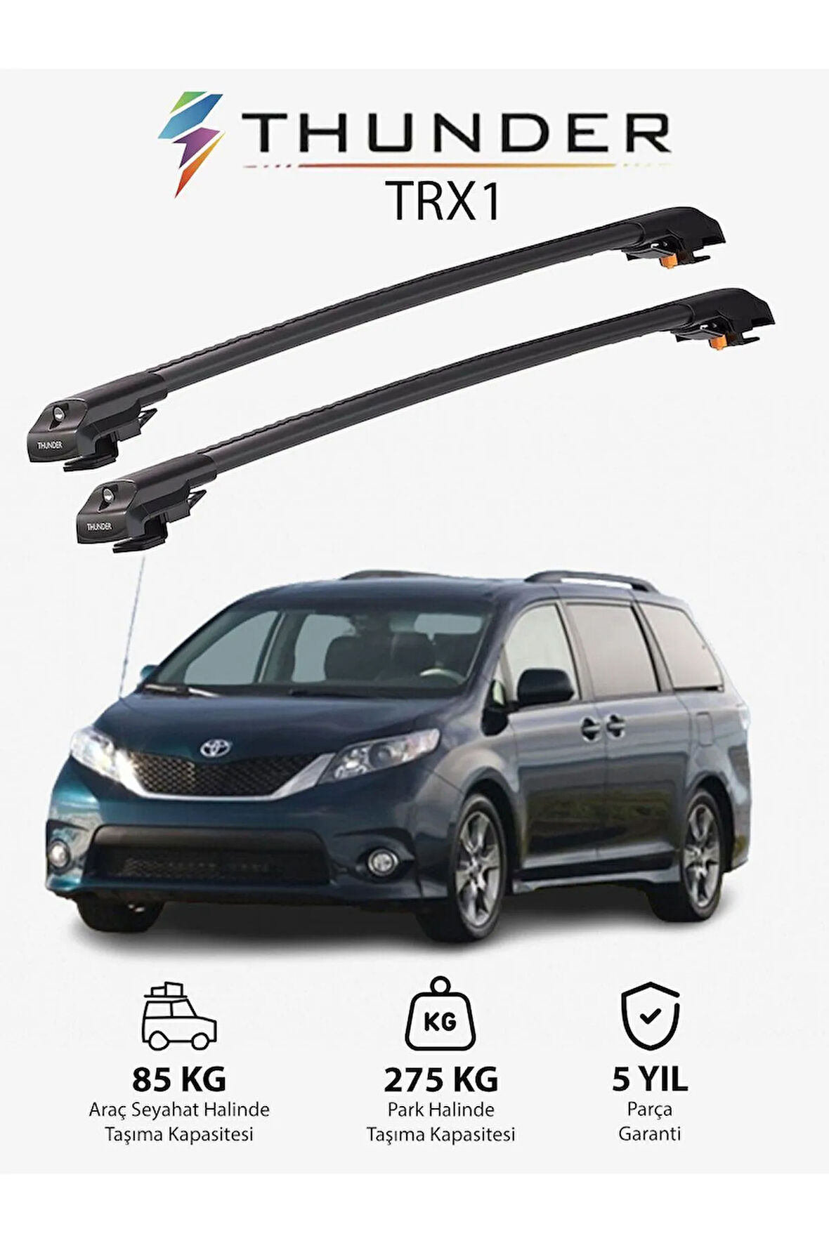 TOYOTA SIENNA 2011-2020 TRX1 Thunder Carrier Kilitli Ara Atkı Taşıyıcı Tavan Barı Gri