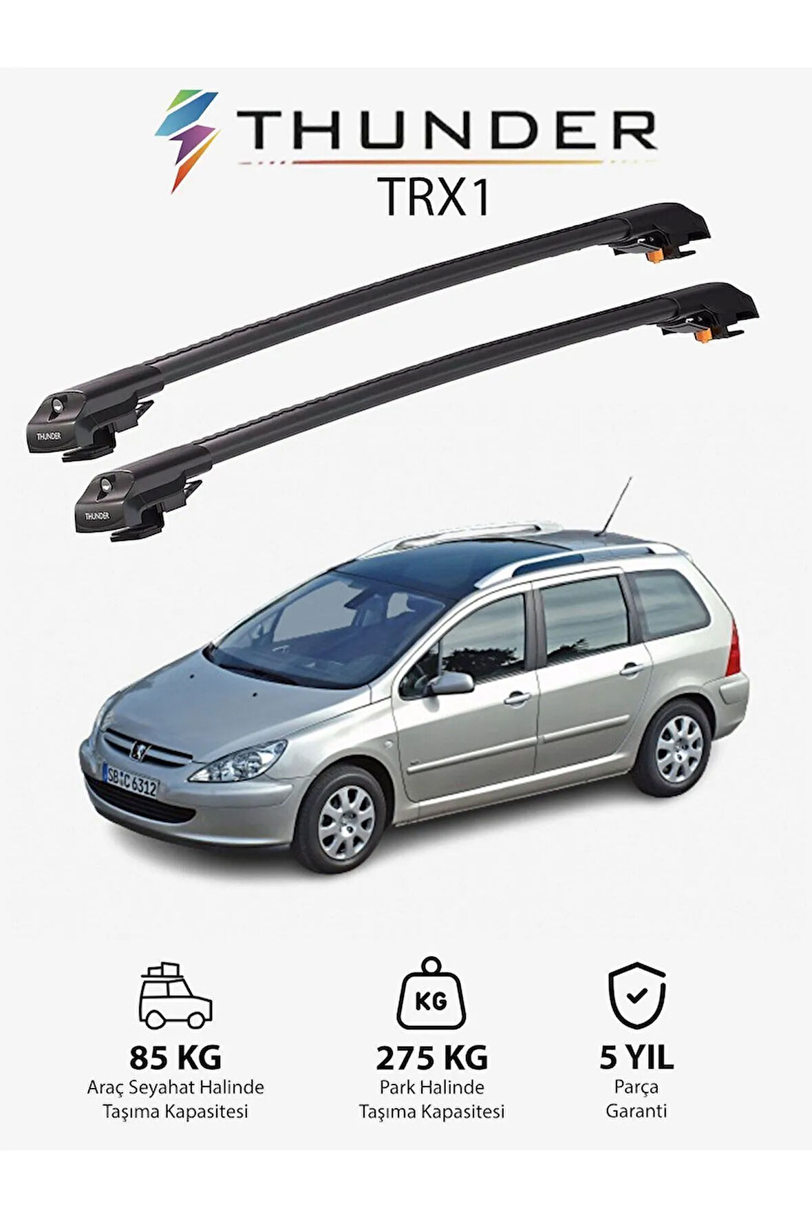 PEUGEOT 307 SW 2002-2008 TRX1 Thunder Carrier Kilitli Ara Atkı Taşıyıcı Tavan Barı Gri