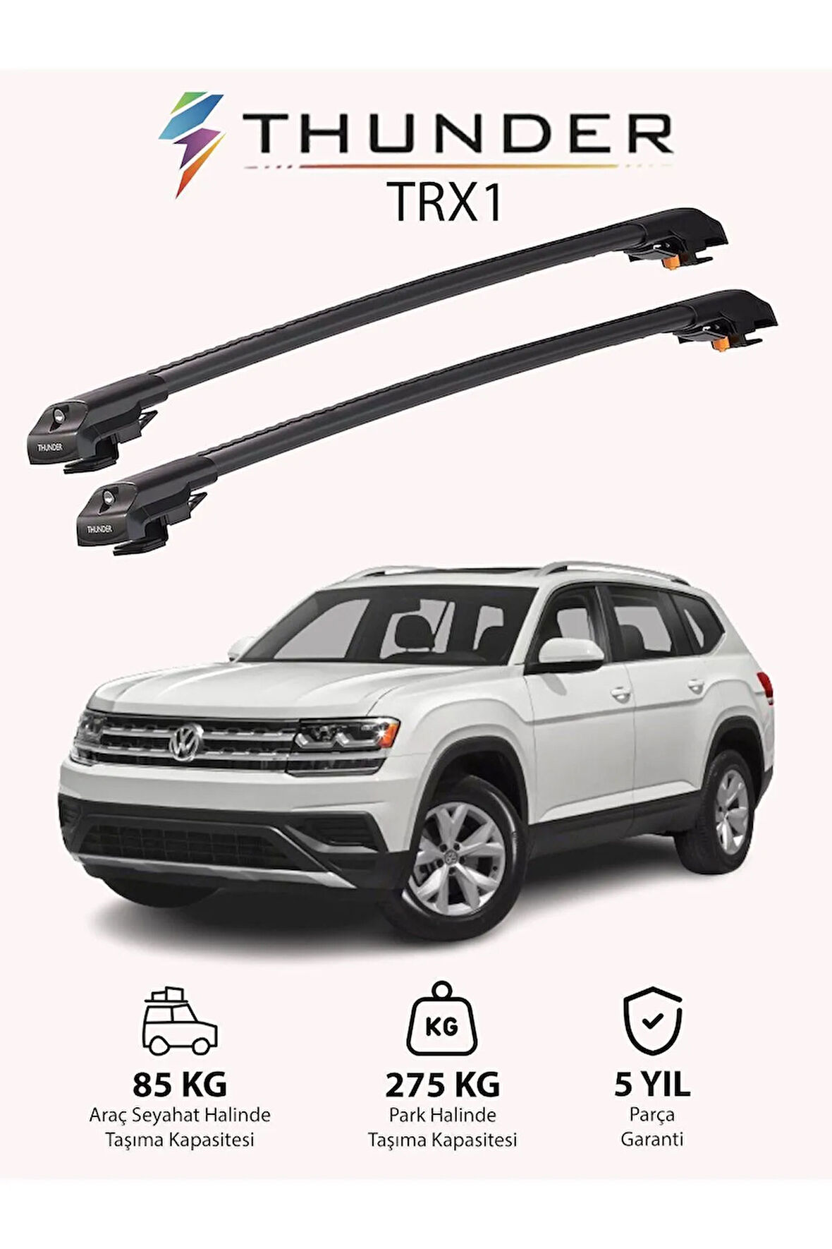 VOLKSWAGEN ATLAS 2018-Sonrası TRX1 Thunder Carrier Kilitli Ara Atkı Taşıyıcı Tavan Barı Gri