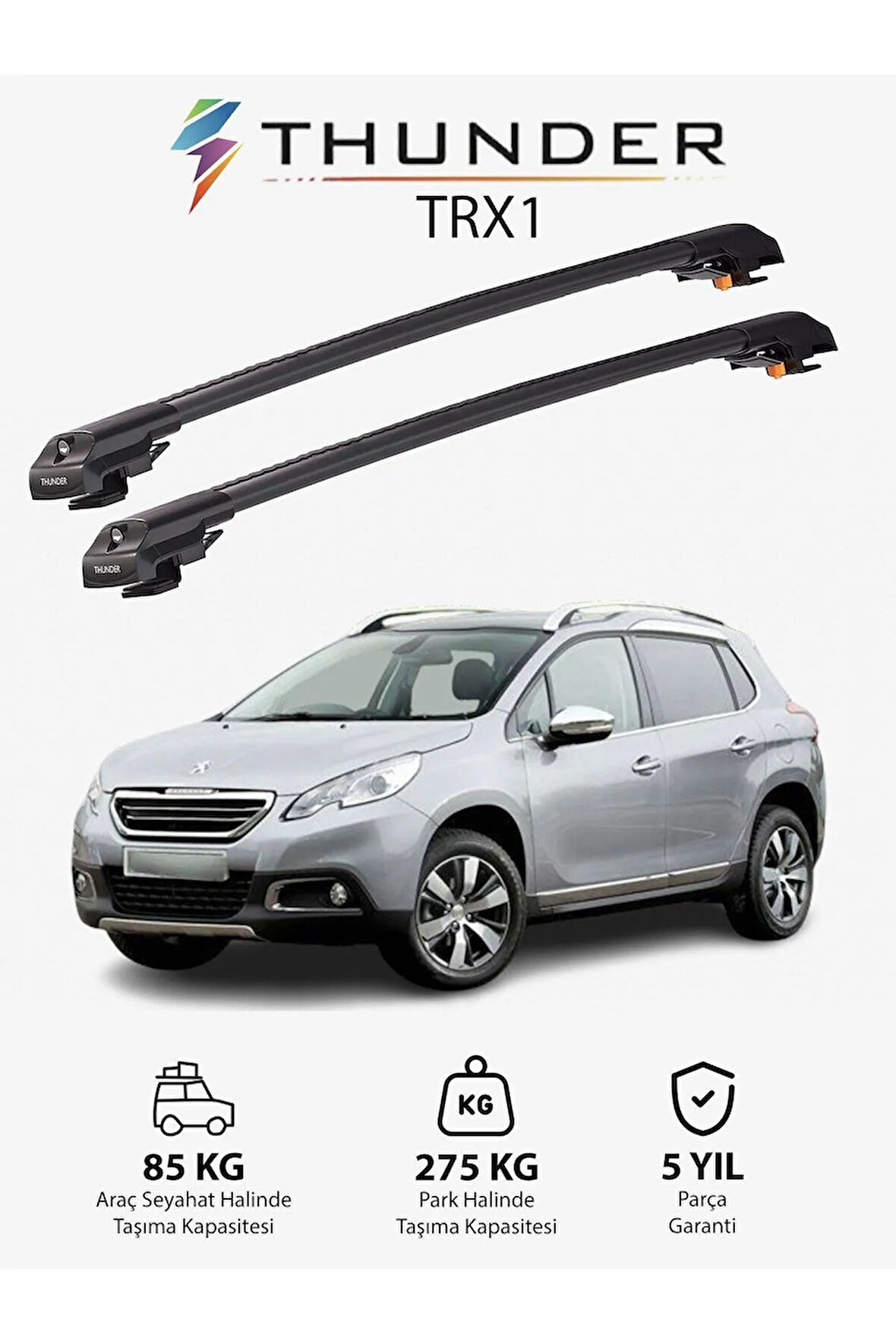PEUGEOT 2008 2013-2019 TRX1 Thunder Carrier Kilitli Ara Atkı Taşıyıcı Tavan Barı Gri