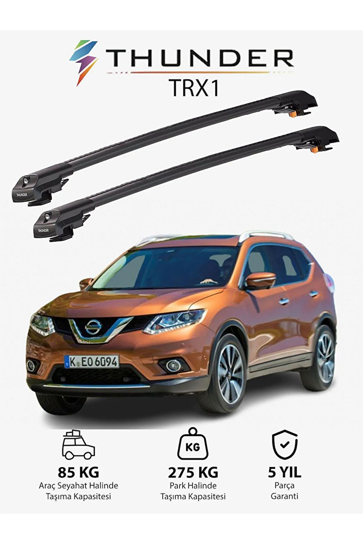 NISSAN X-TRAIL 2014-2020 TRX1 Thunder Carrier Kilitli Ara Atkı Taşıyıcı Tavan Barı Gri