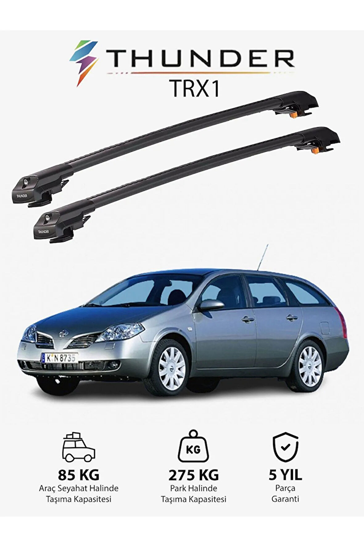 NISSAN PRIMERA 2002-2007 TRX1 Thunder Carrier Kilitli Ara Atkı Taşıyıcı Tavan Barı Gri