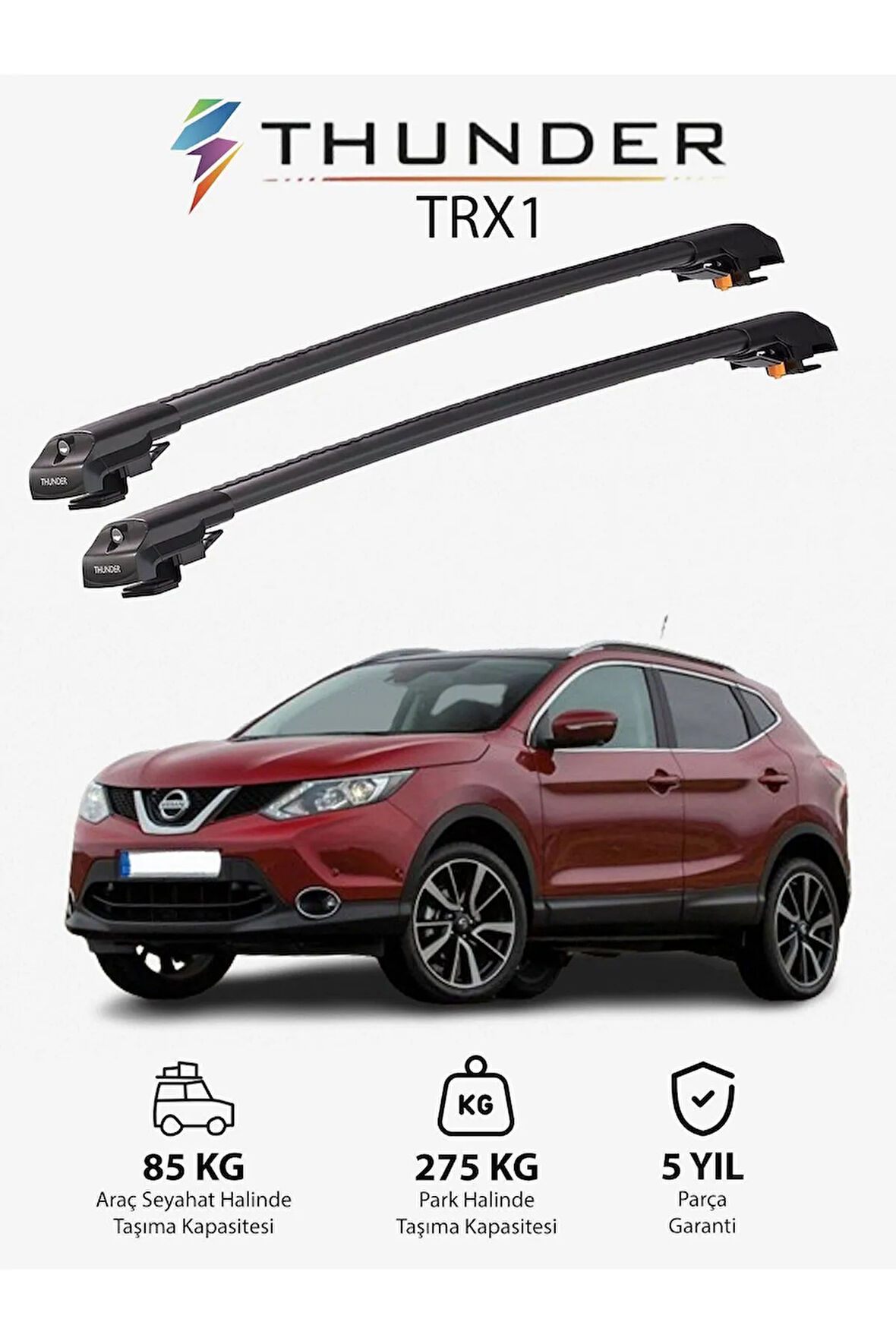 NISSAN QASHQAI 2014-2020 TRX1 Thunder Carrier Kilitli Ara Atkı Taşıyıcı Tavan Barı Gri