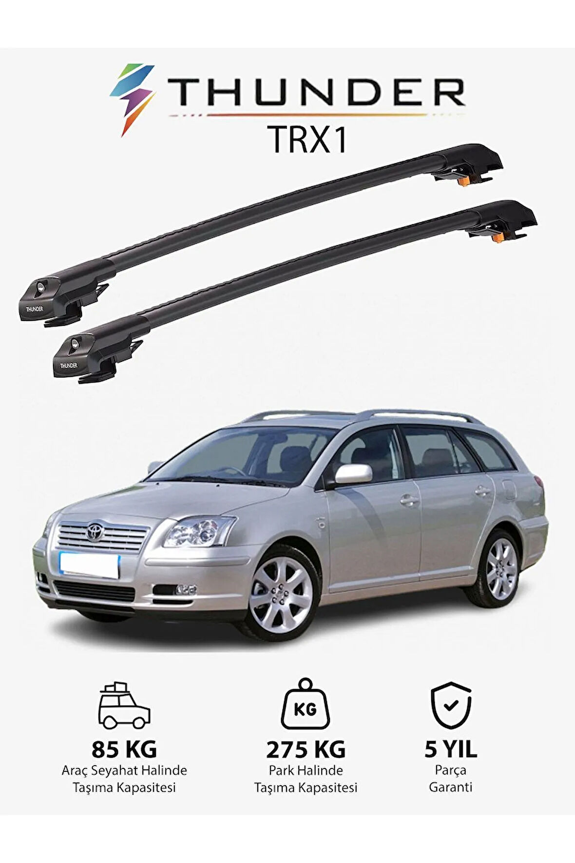 TOYOTA AVENSIS 2003-2008 TRX1 Thunder Carrier Kilitli Ara Atkı Taşıyıcı Tavan Barı Gri
