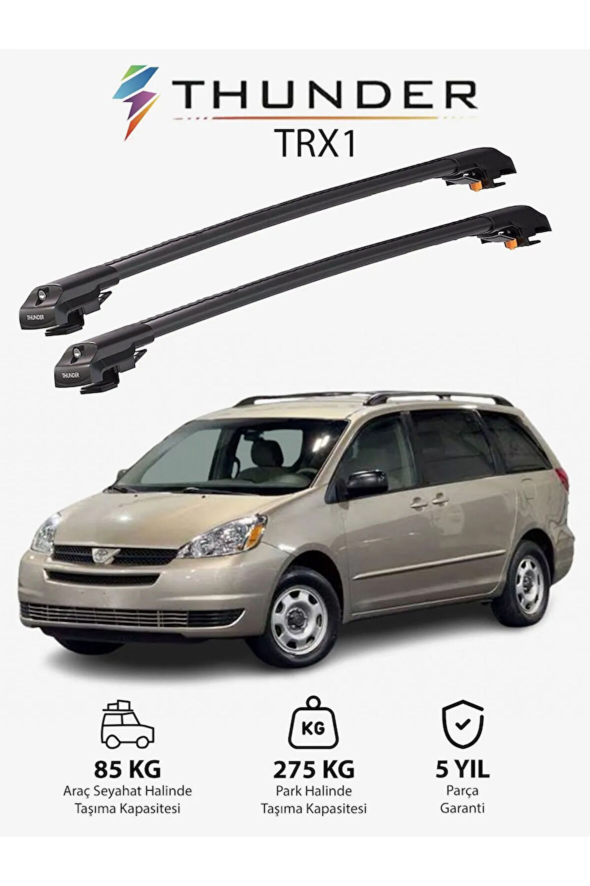 TOYOTA SIENNA 2004-2010 TRX1 Thunder Carrier Kilitli Ara Atkı Taşıyıcı Tavan Barı Gri