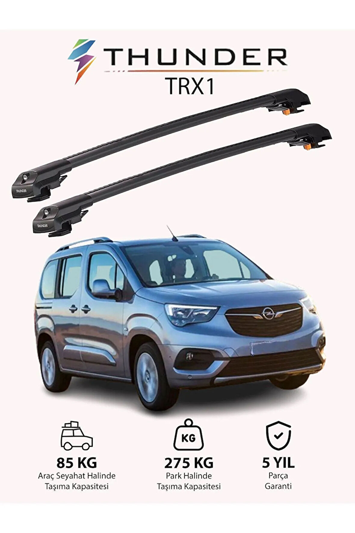 OPEL COMBO LIFE 2019-Sonrası TRX1 Thunder Carrier Kilitli Ara Atkı Taşıyıcı Tavan Barı Gri