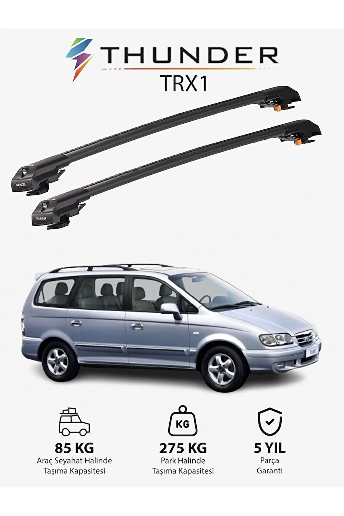 HYUNDAI TRAJET 2000-2008 TRX1 Thunder Carrier Kilitli Ara Atkı Taşıyıcı Tavan Barı Gri