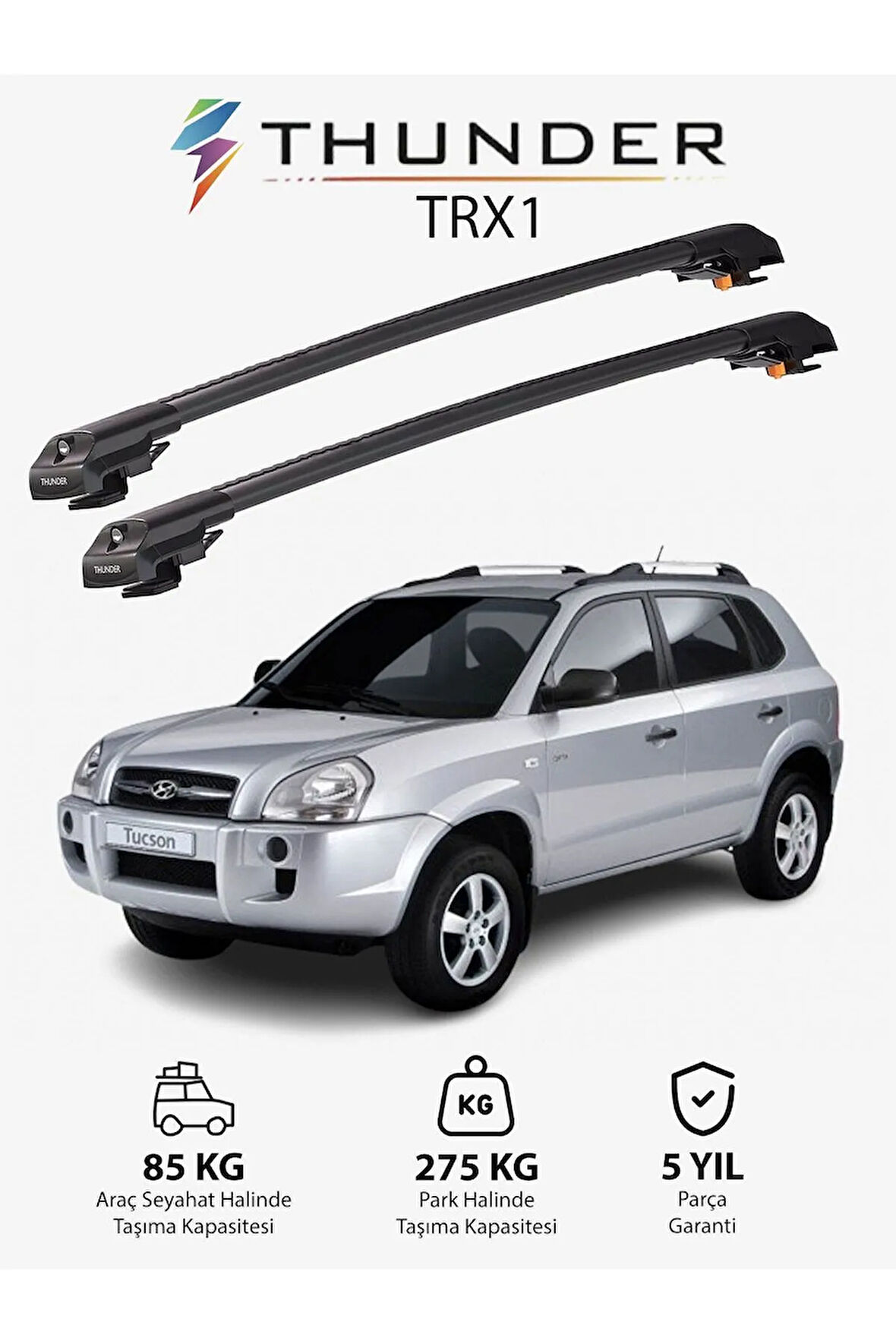 HYUNDAI TUCSON 2004-2009 TRX1 Thunder Carrier Kilitli Ara Atkı Taşıyıcı Tavan Barı Gri