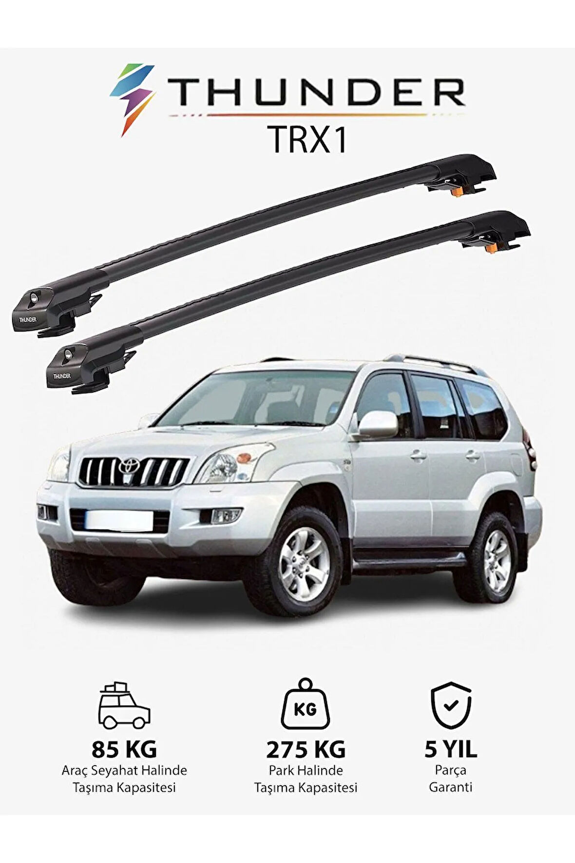 TOYOTA LAND CRUISER PRADO 2002-2009 TRX1 Thunder Carrier Kilitli Ara Atkı Taşıyıcı Tavan Barı Gri