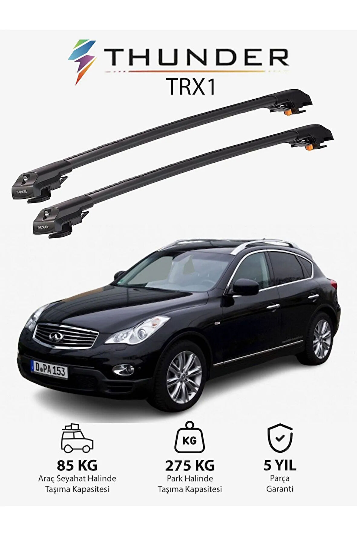 INFINITI QX50 2014-2017 TRX1 Thunder Carrier Kilitli Ara Atkı Taşıyıcı Tavan Barı Gri