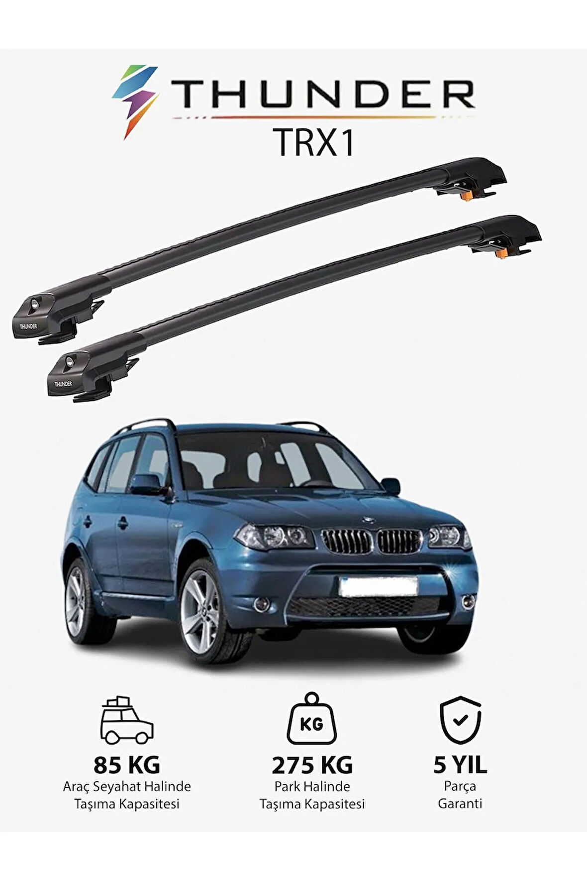 BMW X3  2003-2010 TRX1 Thunder Carrier Kilitli Ara Atkı Taşıyıcı Tavan Barı Gri