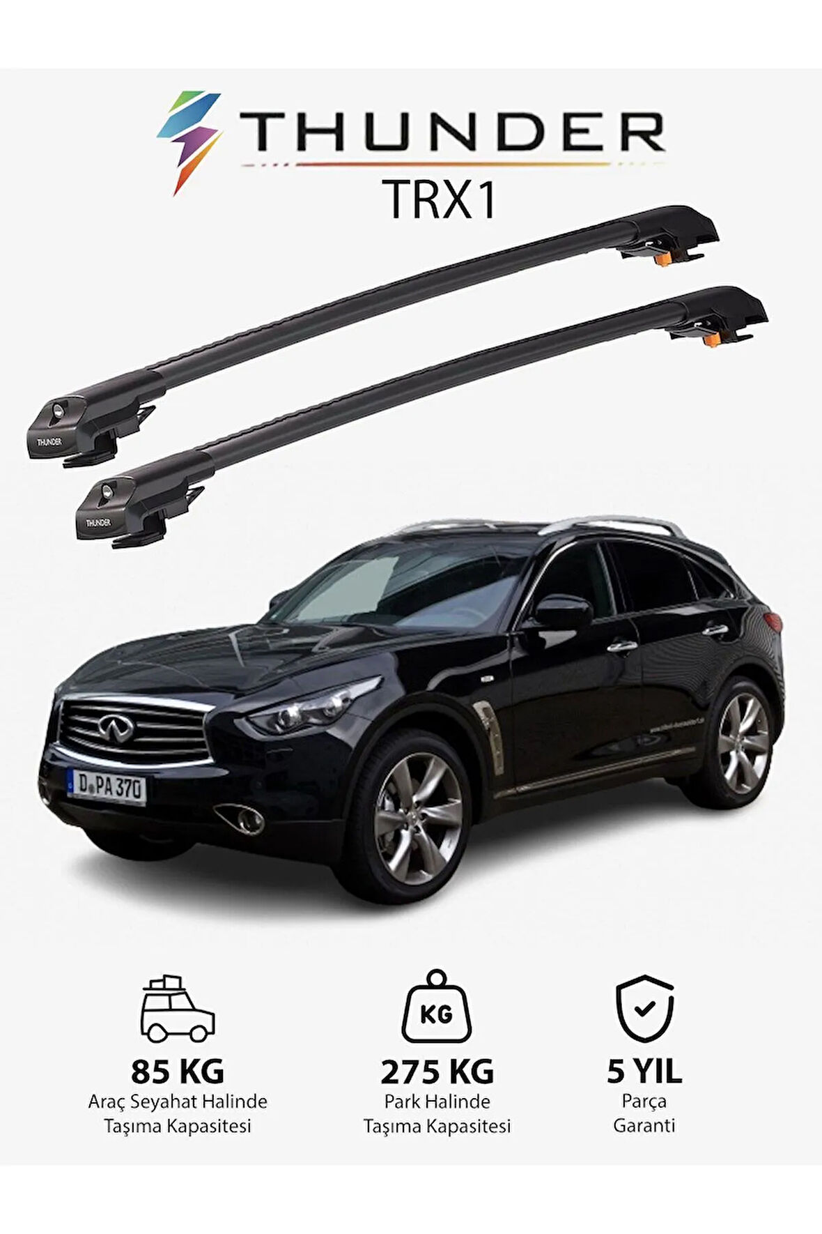 INFINITI QX70 2013-Sonrası TRX1 Thunder Carrier Kilitli Ara Atkı Taşıyıcı Tavan Barı Gri