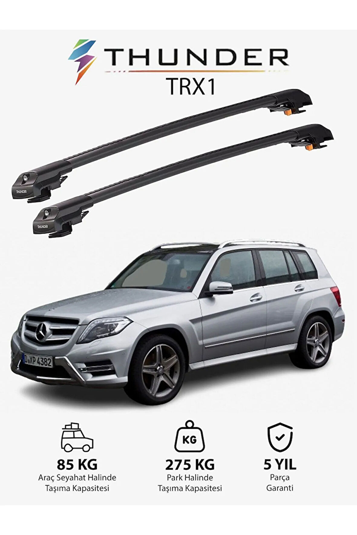 MERCEDES-BENZ GLK-CLASS 2009-2015 TRX1 Thunder Carrier Kilitli Ara Atkı Taşıyıcı Tavan Barı Gri